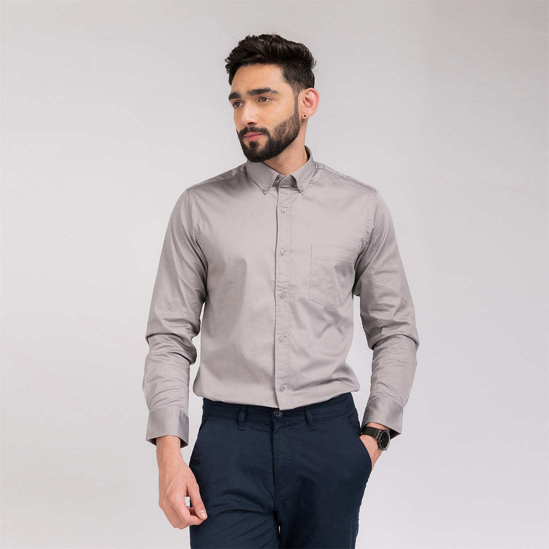 Light Grey Satin Regular Fit Shirt