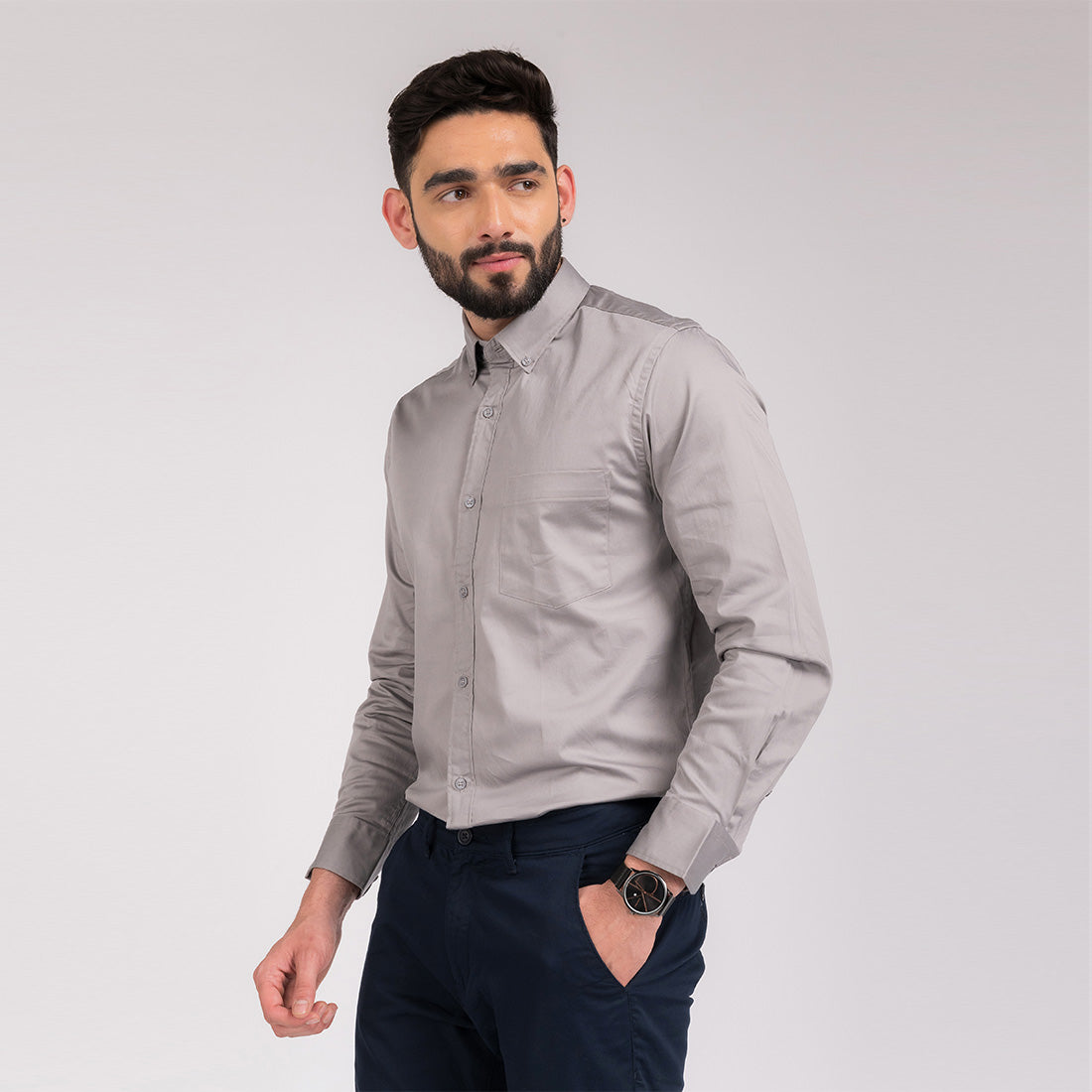 Light Grey Satin Regular Fit Shirt