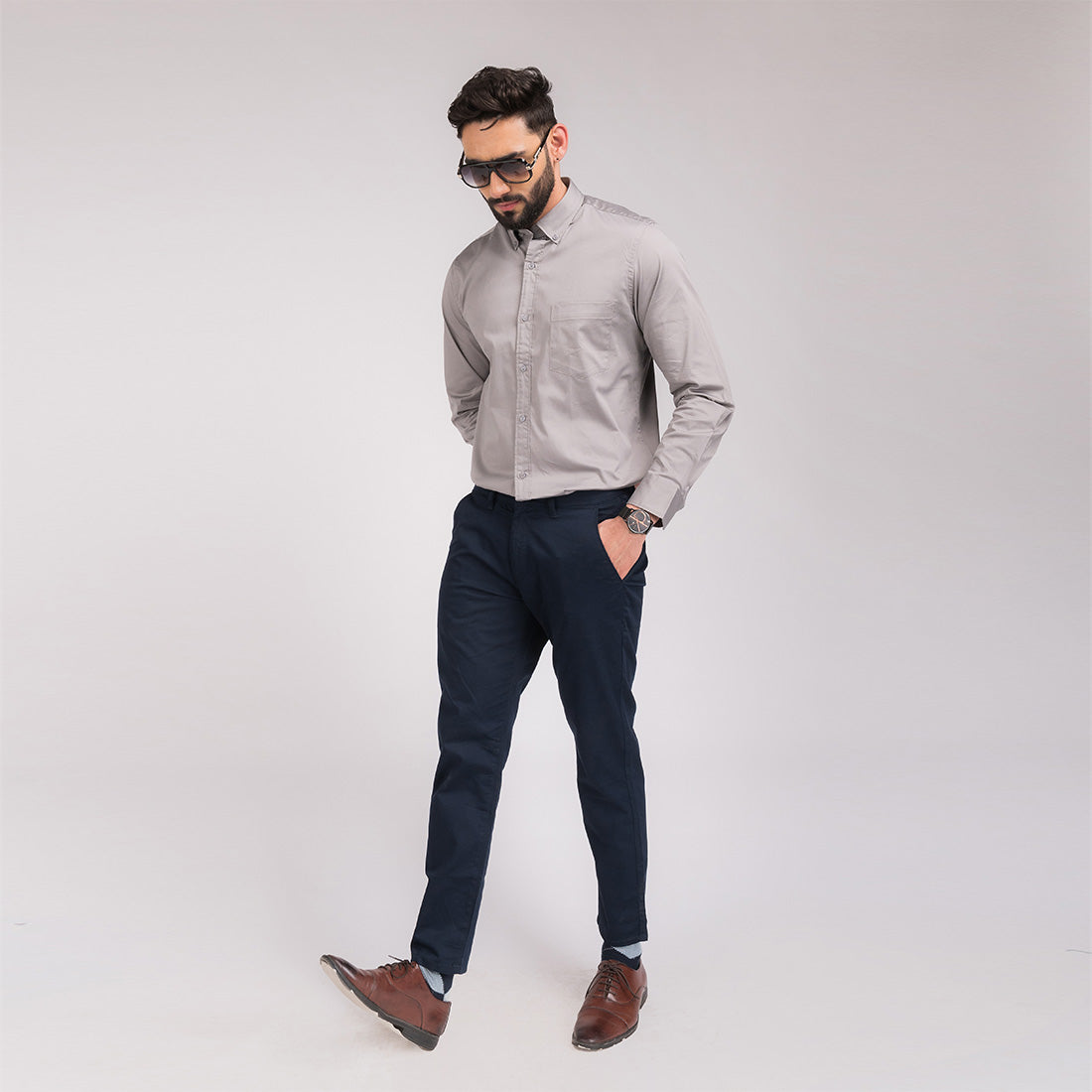 Light Grey Satin Regular Fit Shirt