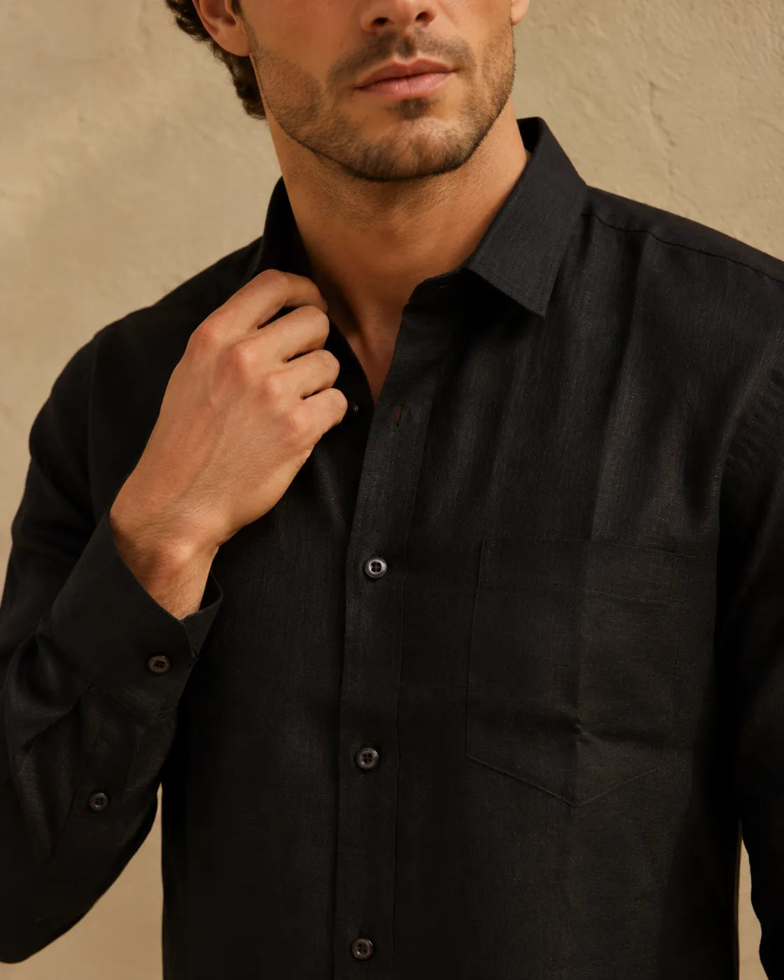Black- Men's Linen Solid Slim Fit Shirt