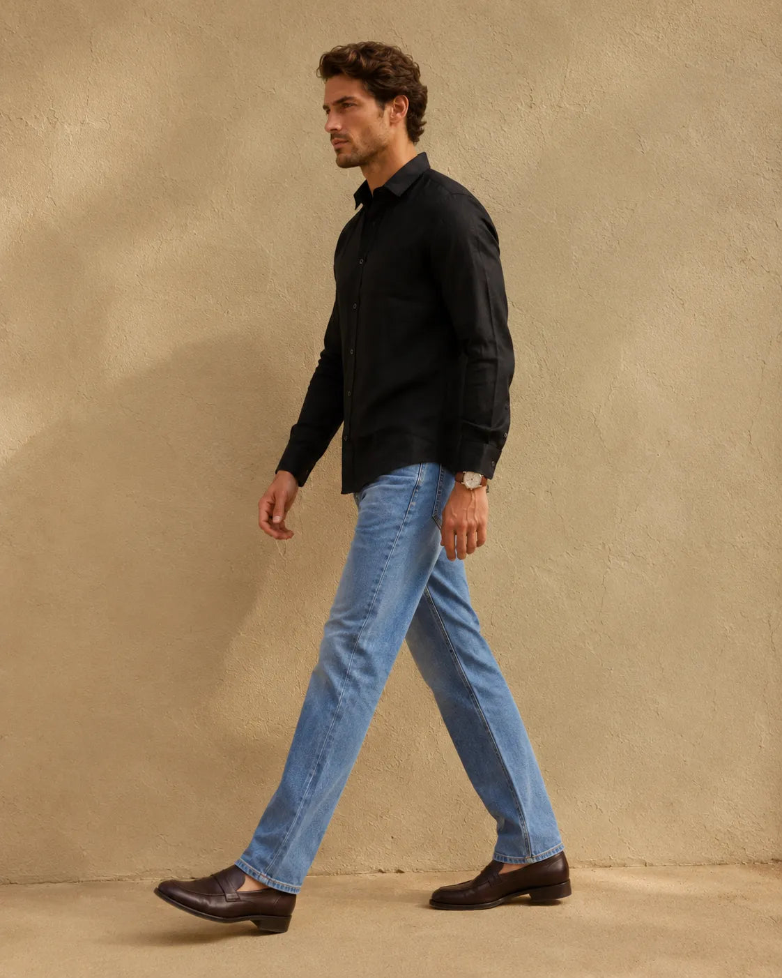Black- Men's Linen Solid Slim Fit Shirt