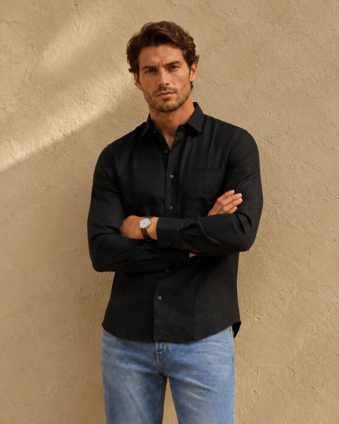 Black- Men's Linen Solid Slim Fit Shirt