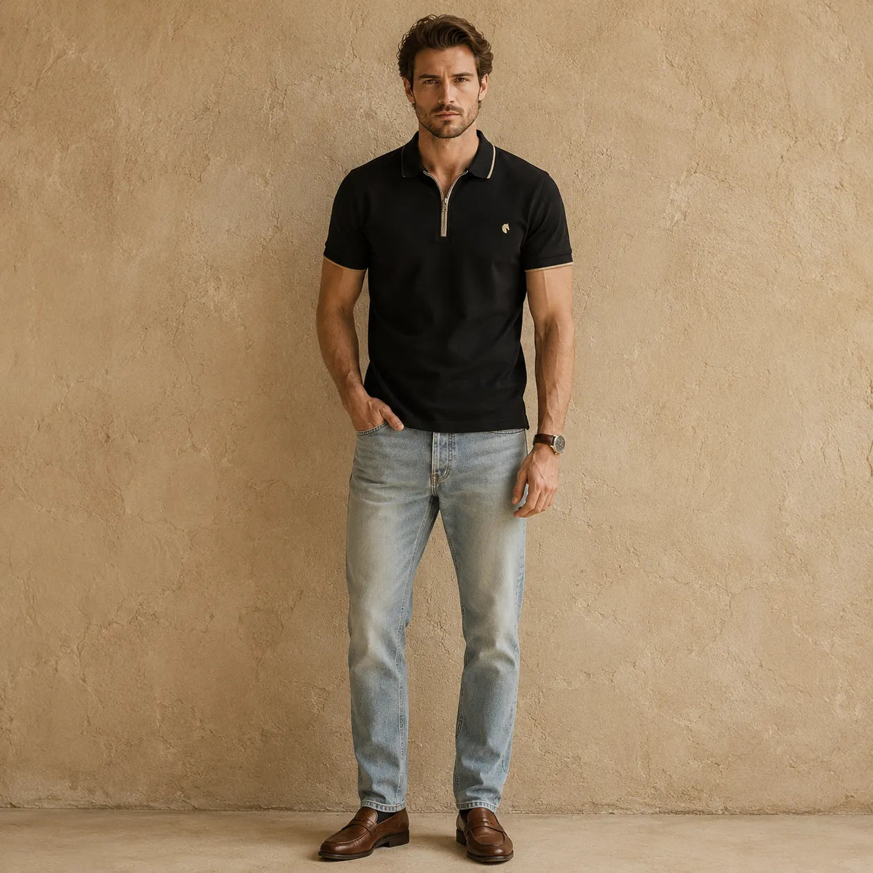 Black - Men's Zipper Polo
