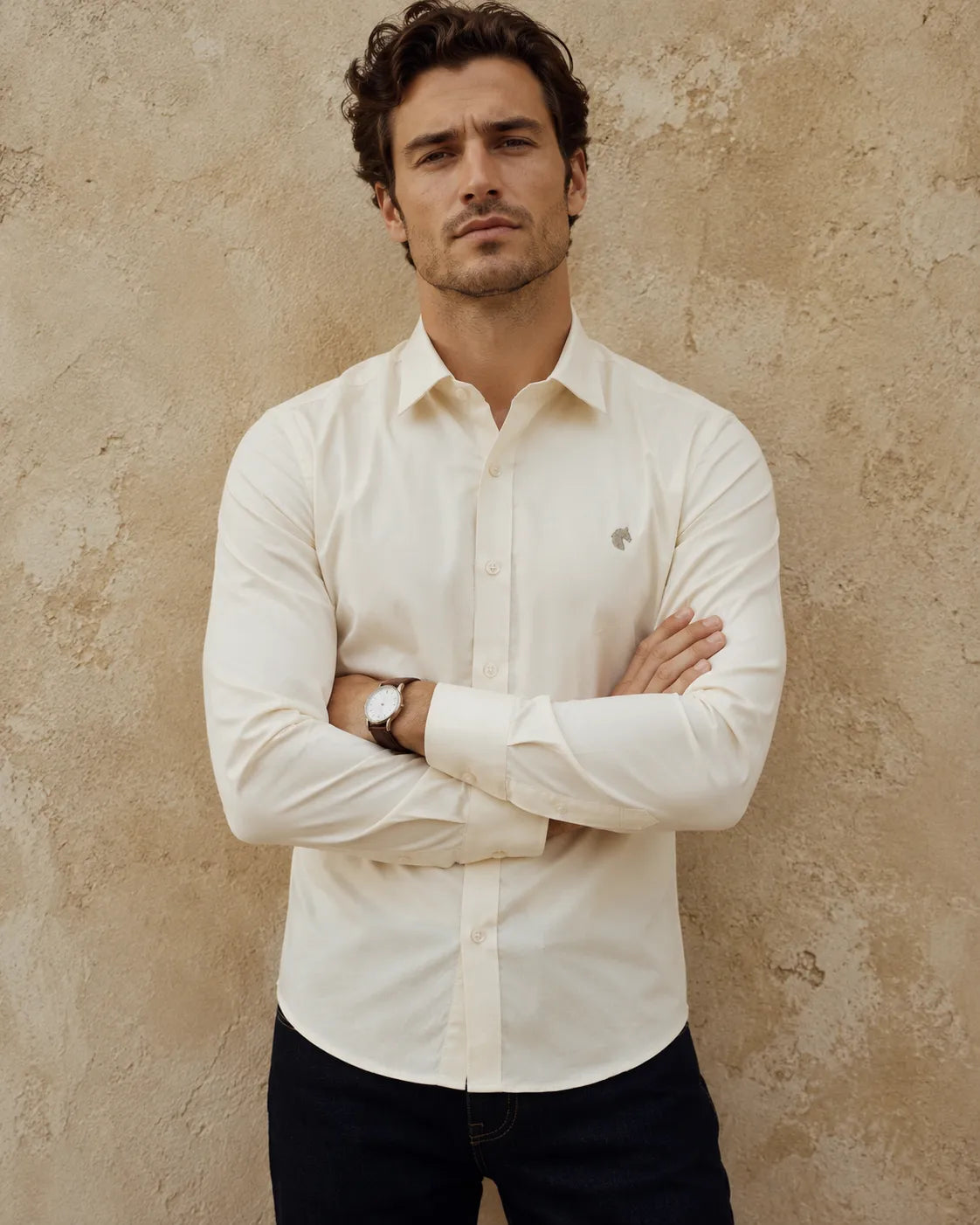 Cream - Solid Slim Fit Oxford Shirt