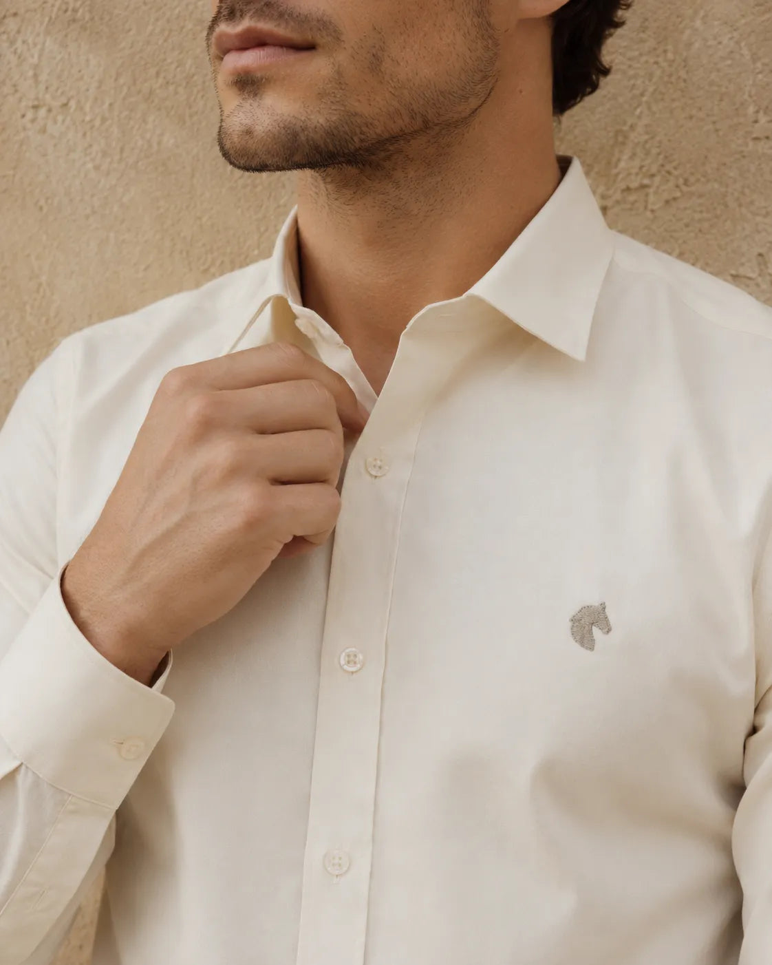 Cream - Solid Slim Fit Oxford Shirt