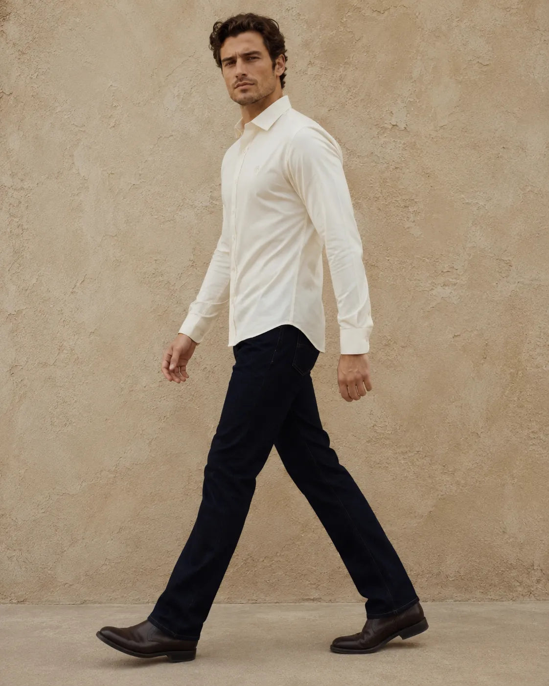 Cream - Solid Slim Fit Oxford Shirt