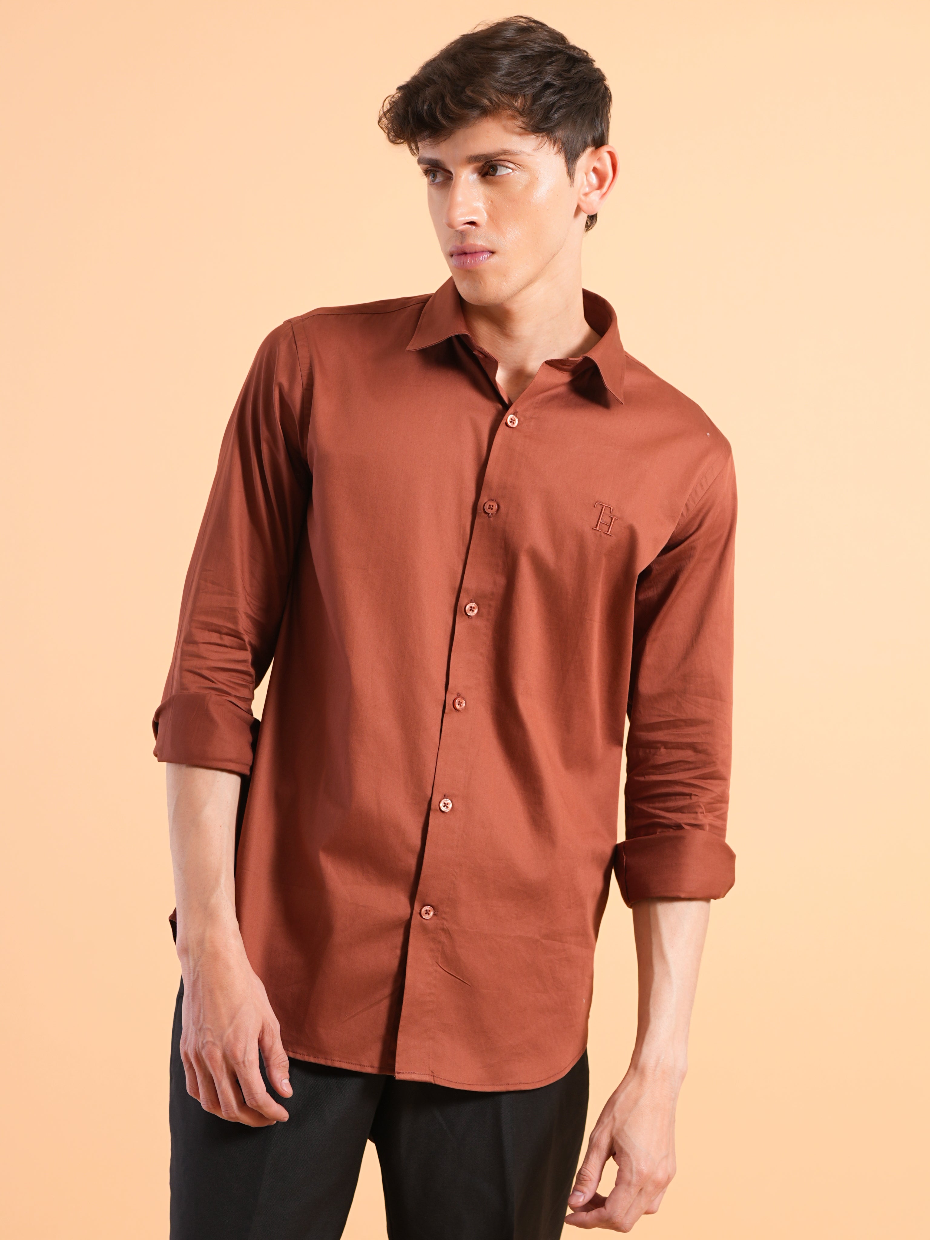 Terra Cotta Satin Slim Fit Shirt