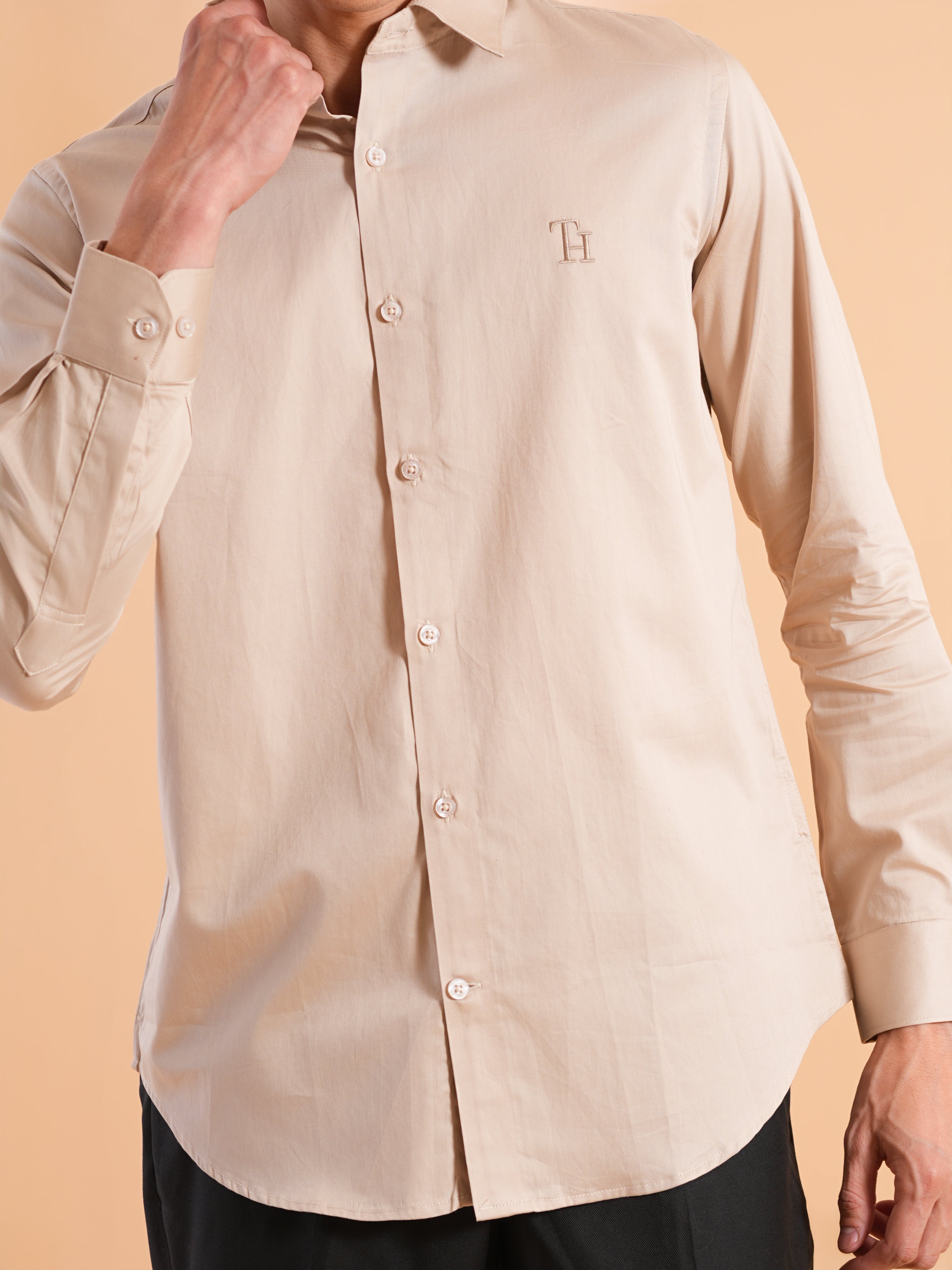 Beige Satin Slim Fit Shirt