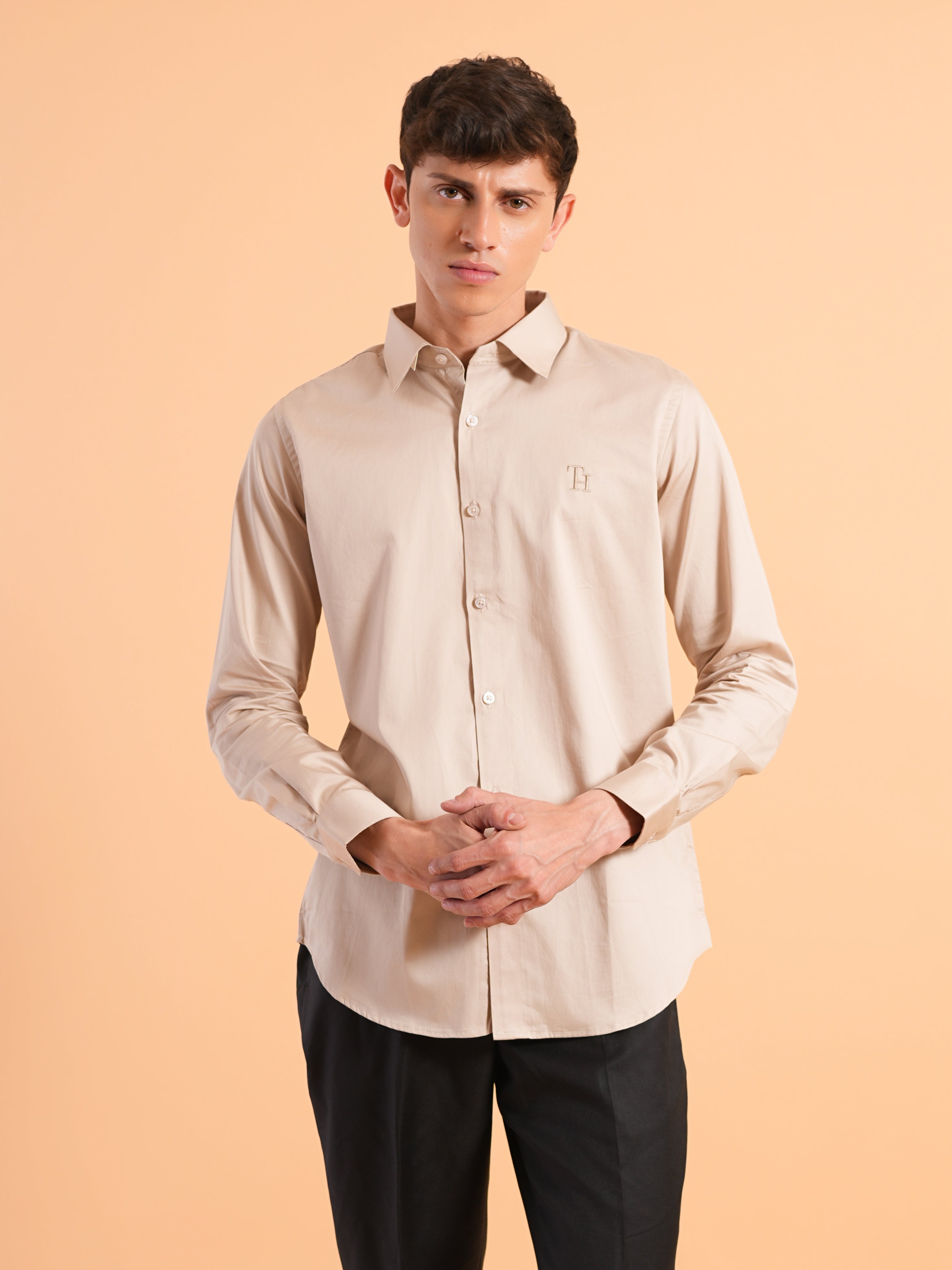 Beige Satin Slim Fit Shirt