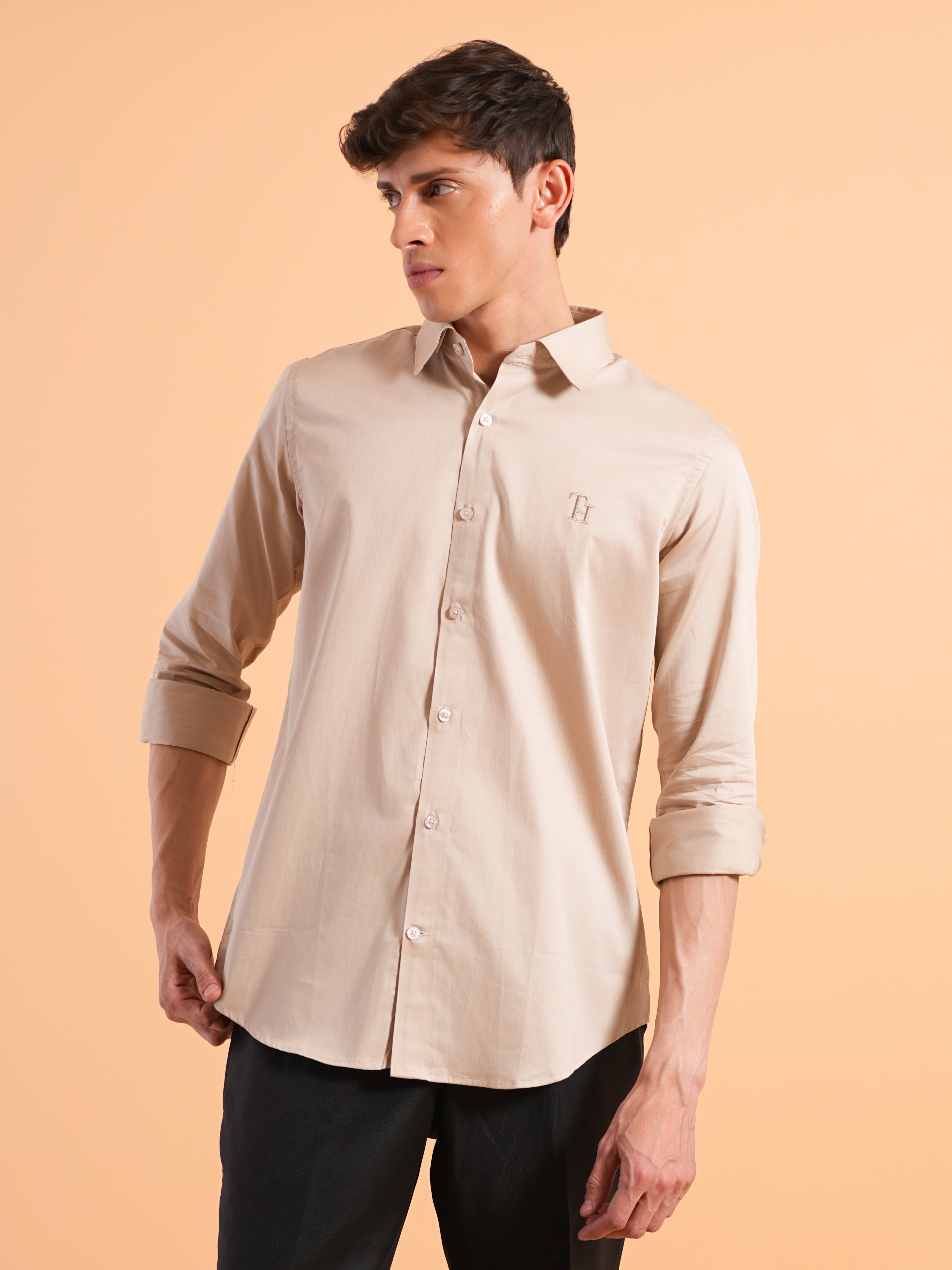 Beige Satin Slim Fit Shirt