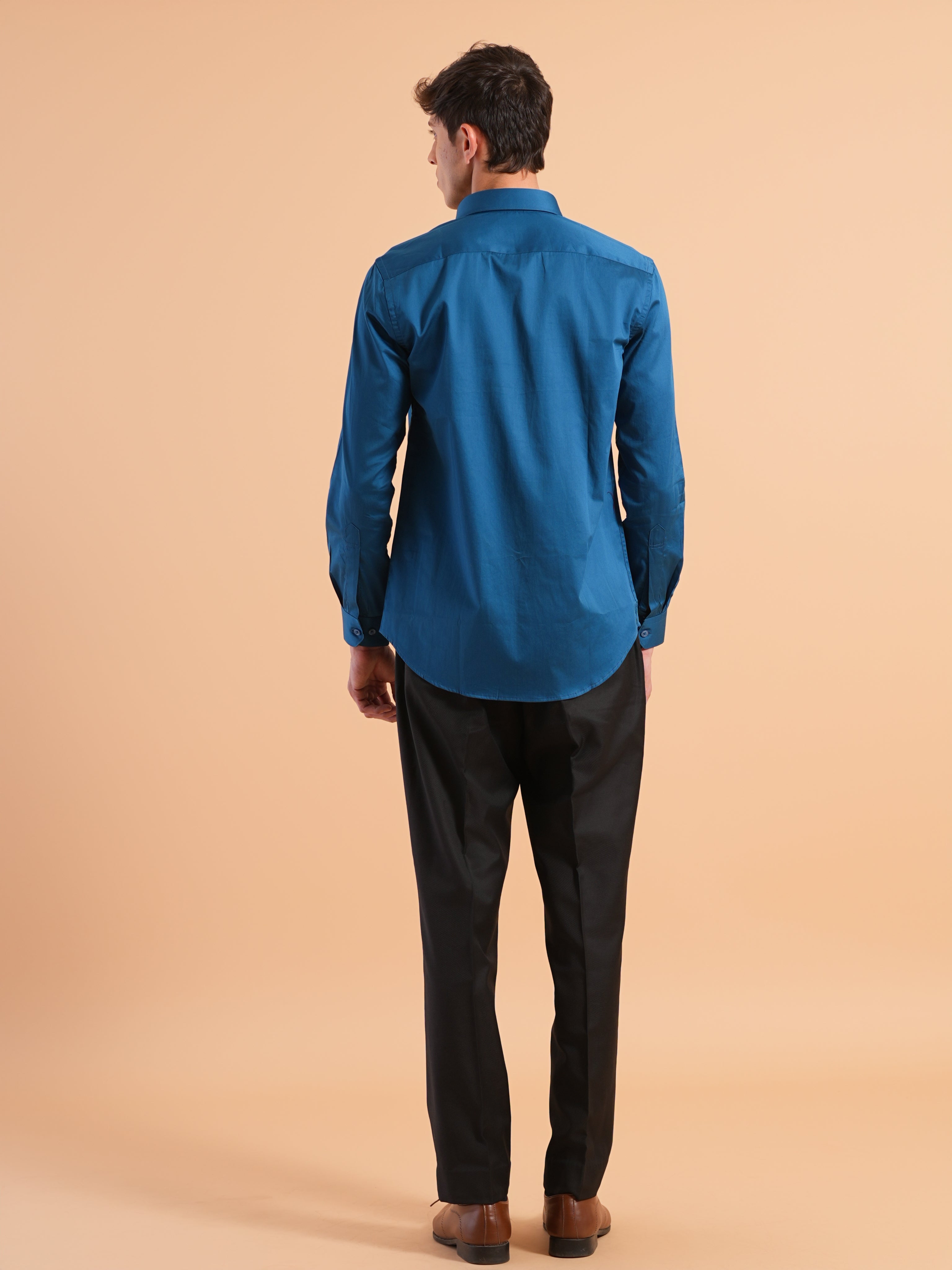 Peacock Blue Satin Slim Fit Shirt