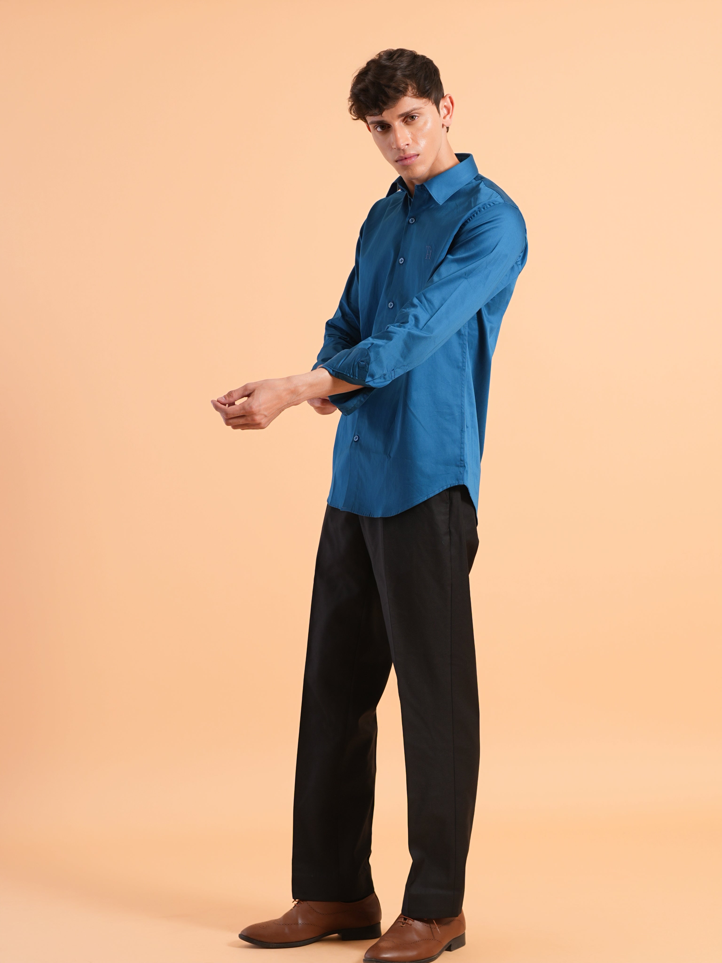 Peacock Blue Satin Slim Fit Shirt