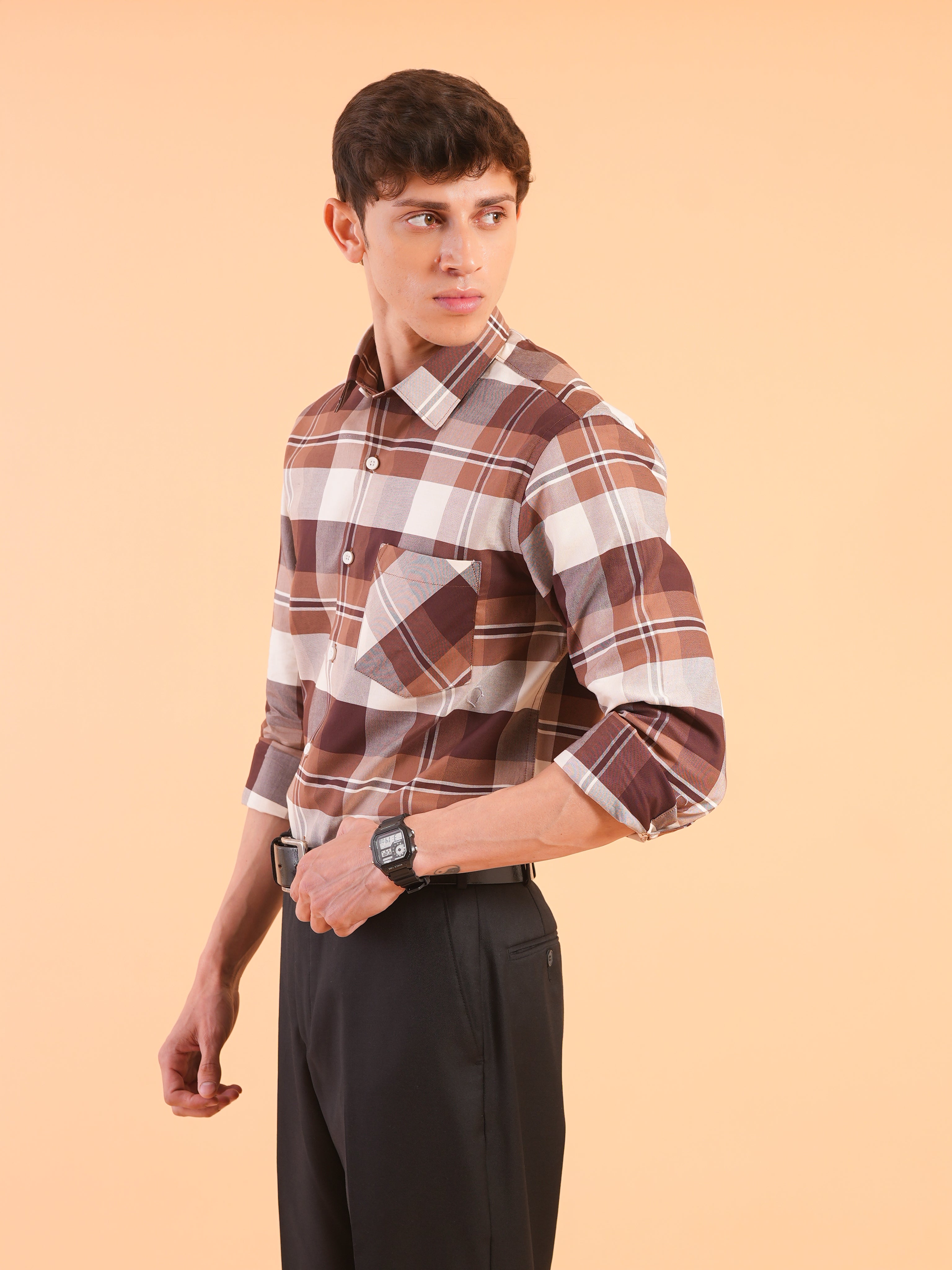 Brown Check Regular Fit Shirt