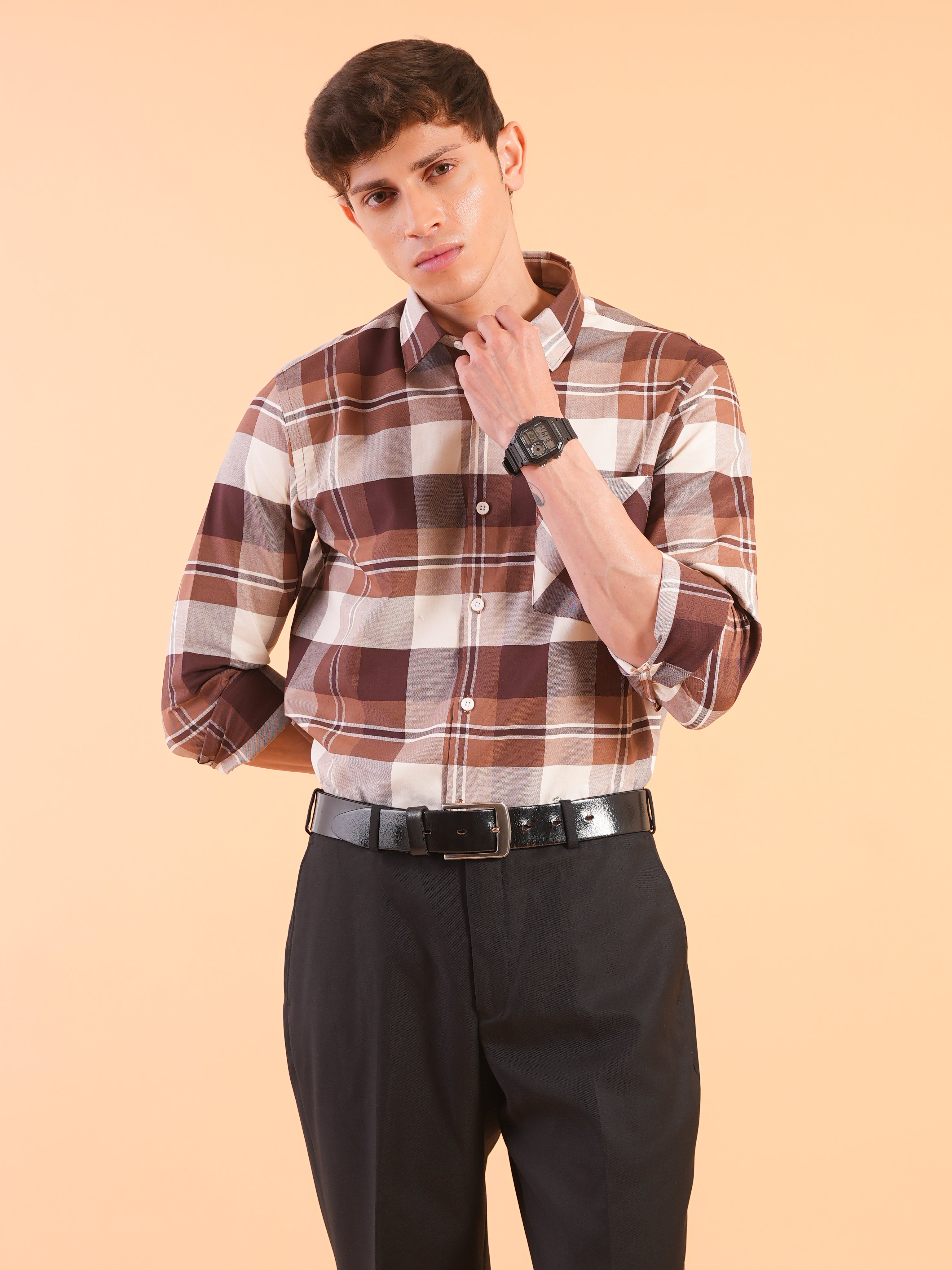 Brown Check Regular Fit Shirt