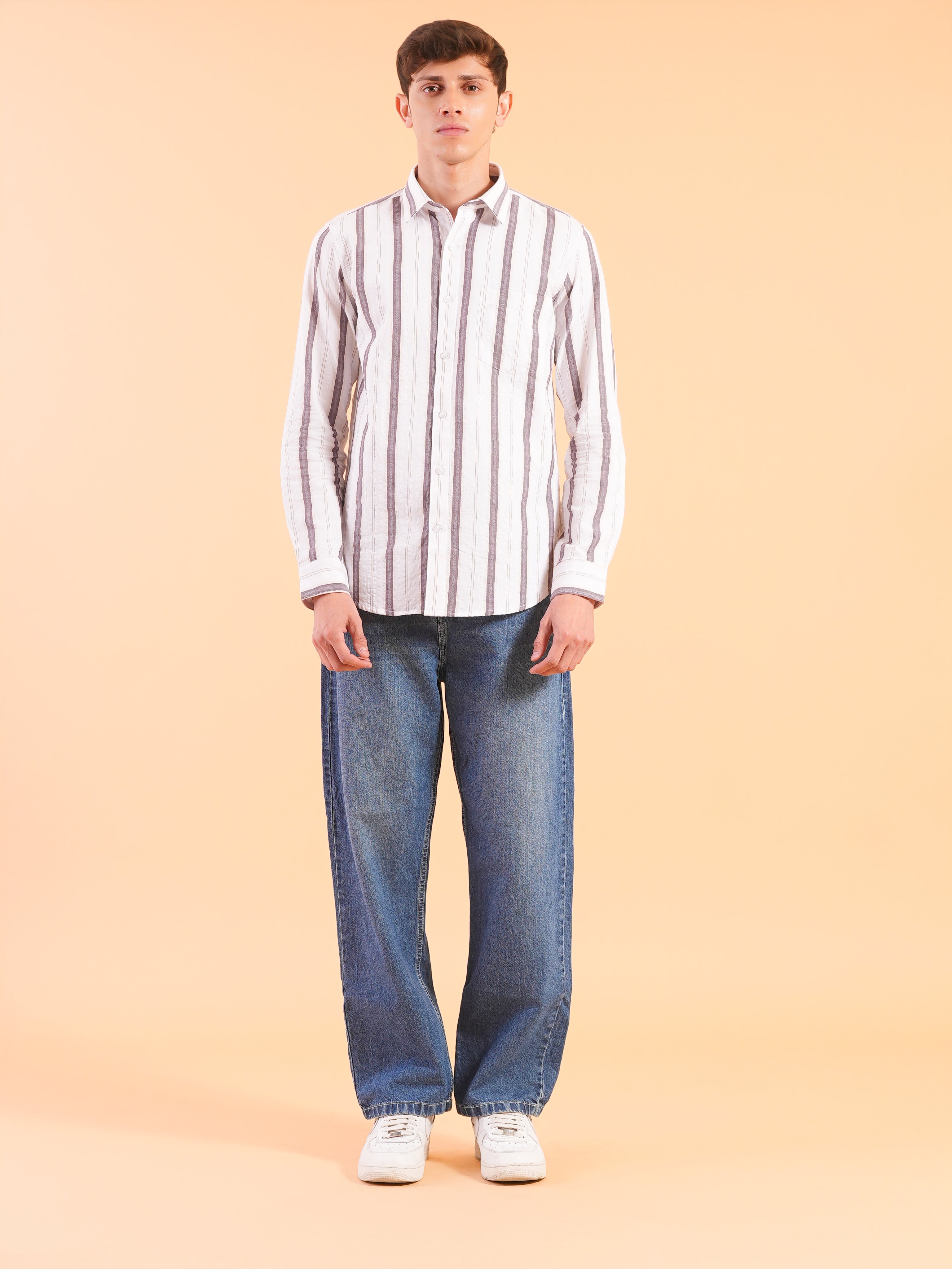 White Burgundy Stripe Slim Fit Shirt