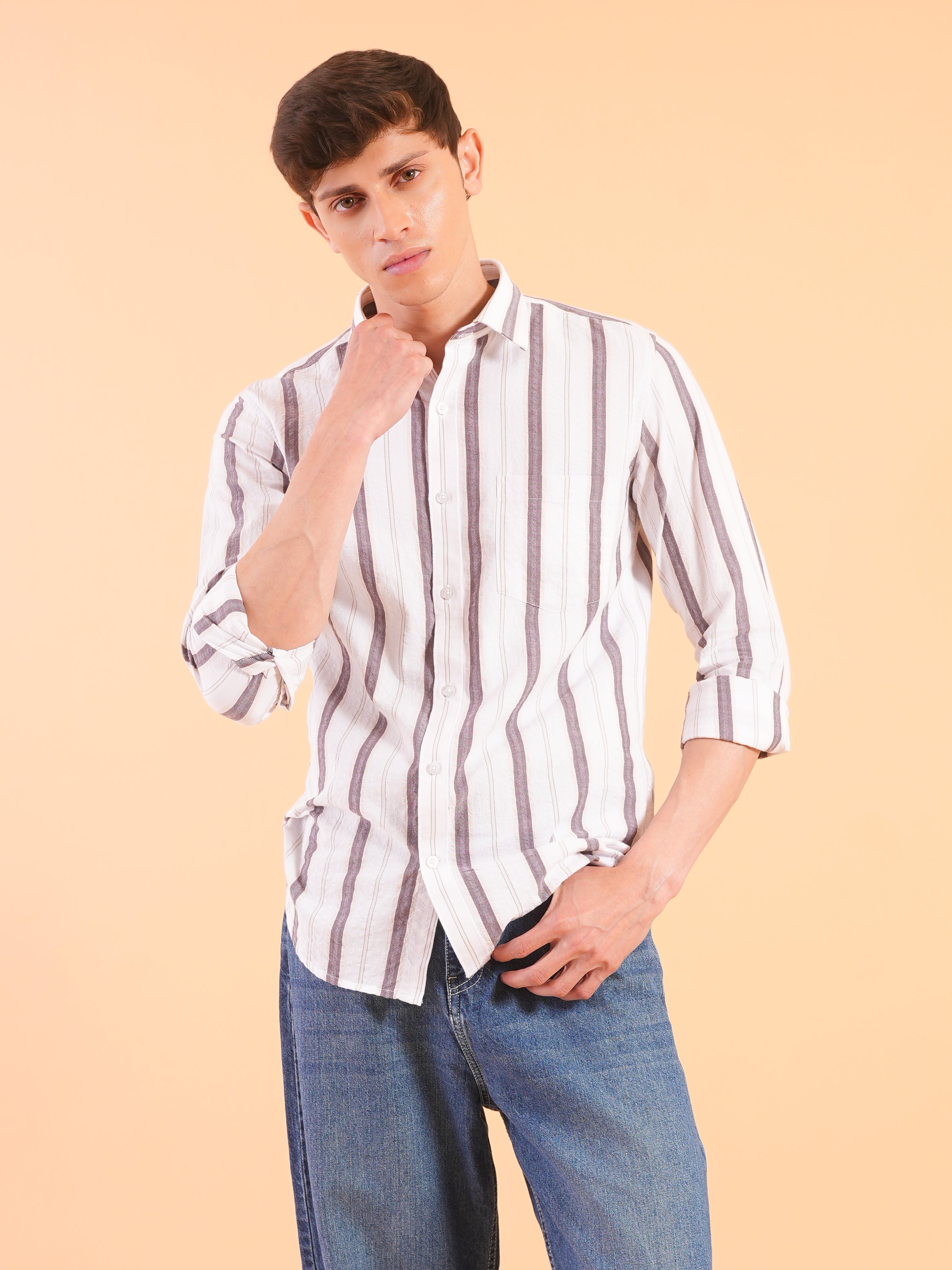 White Burgundy Stripe Slim Fit Shirt