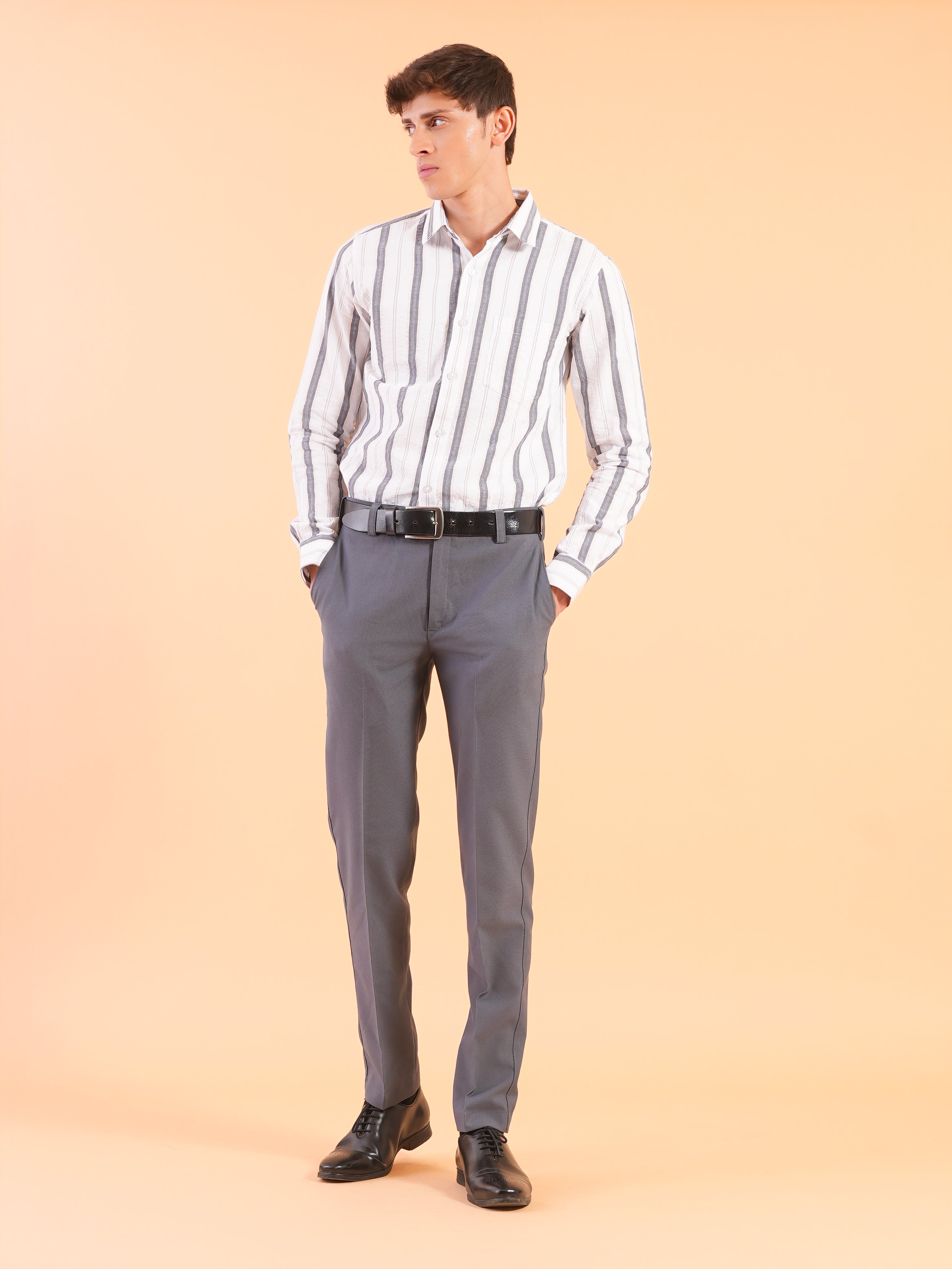 White Navy Stripe Slim Fit Shirt