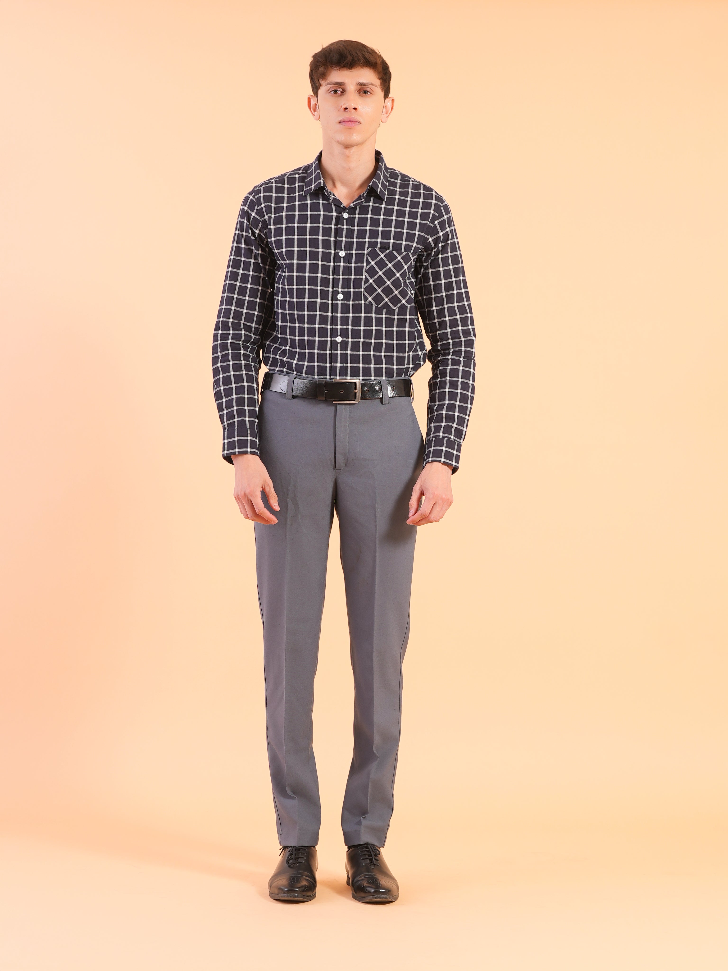 Navy Checks Stripe Slim Fit Shirt