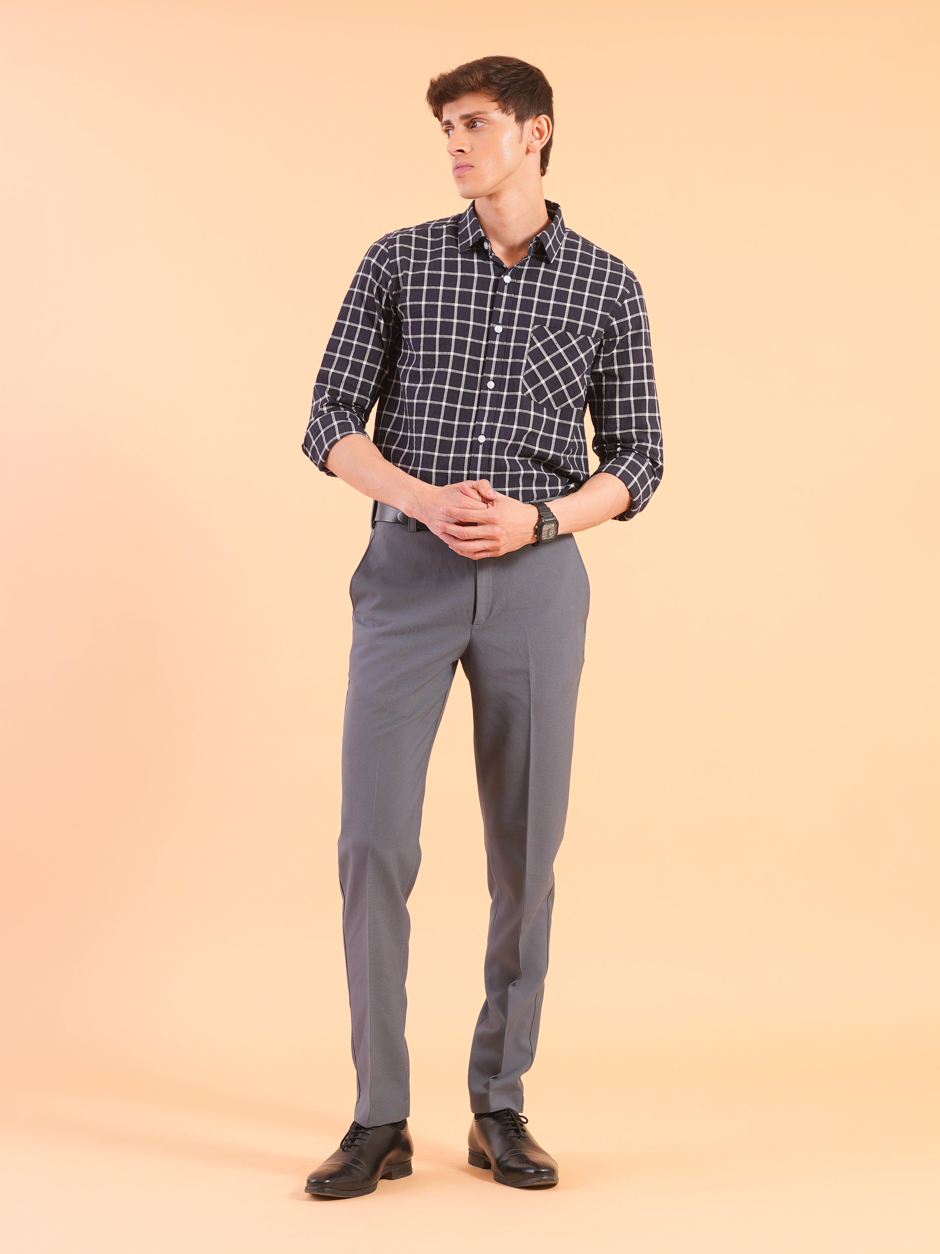 Navy Checks Stripe Slim Fit Shirt