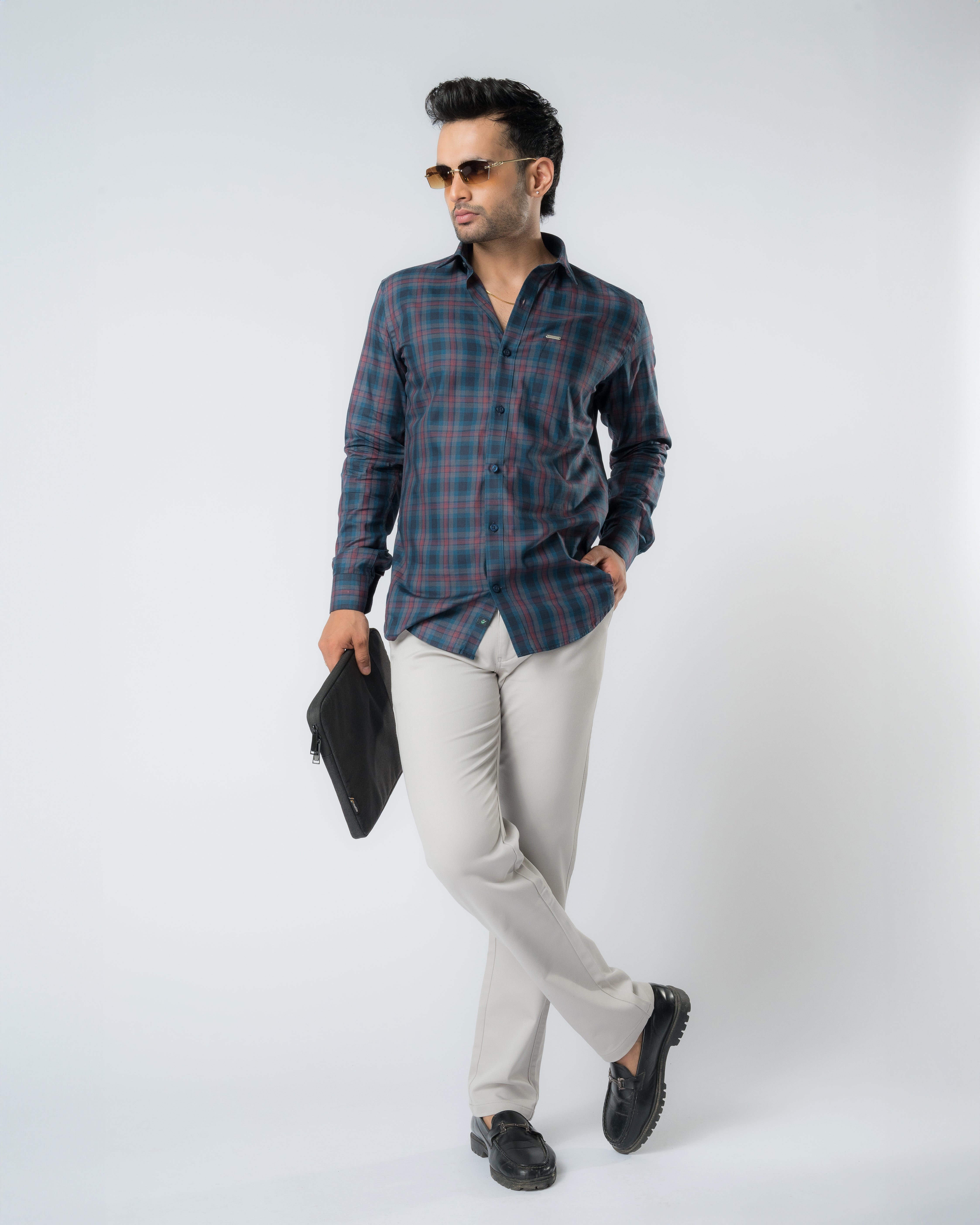 Ruby Navy Tartan Checks Slim Fit Shirt
