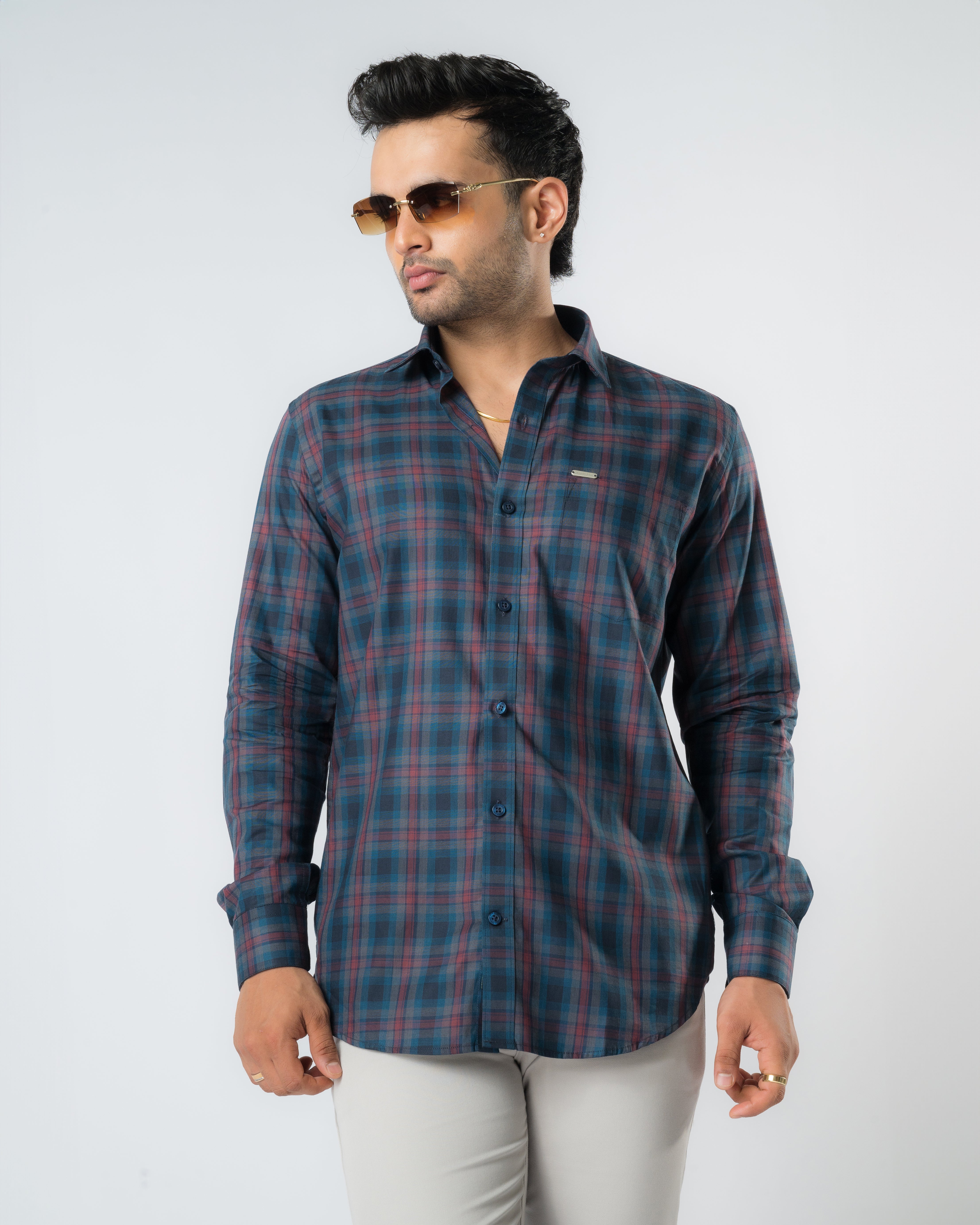 Ruby Navy Tartan Checks Slim Fit Shirt