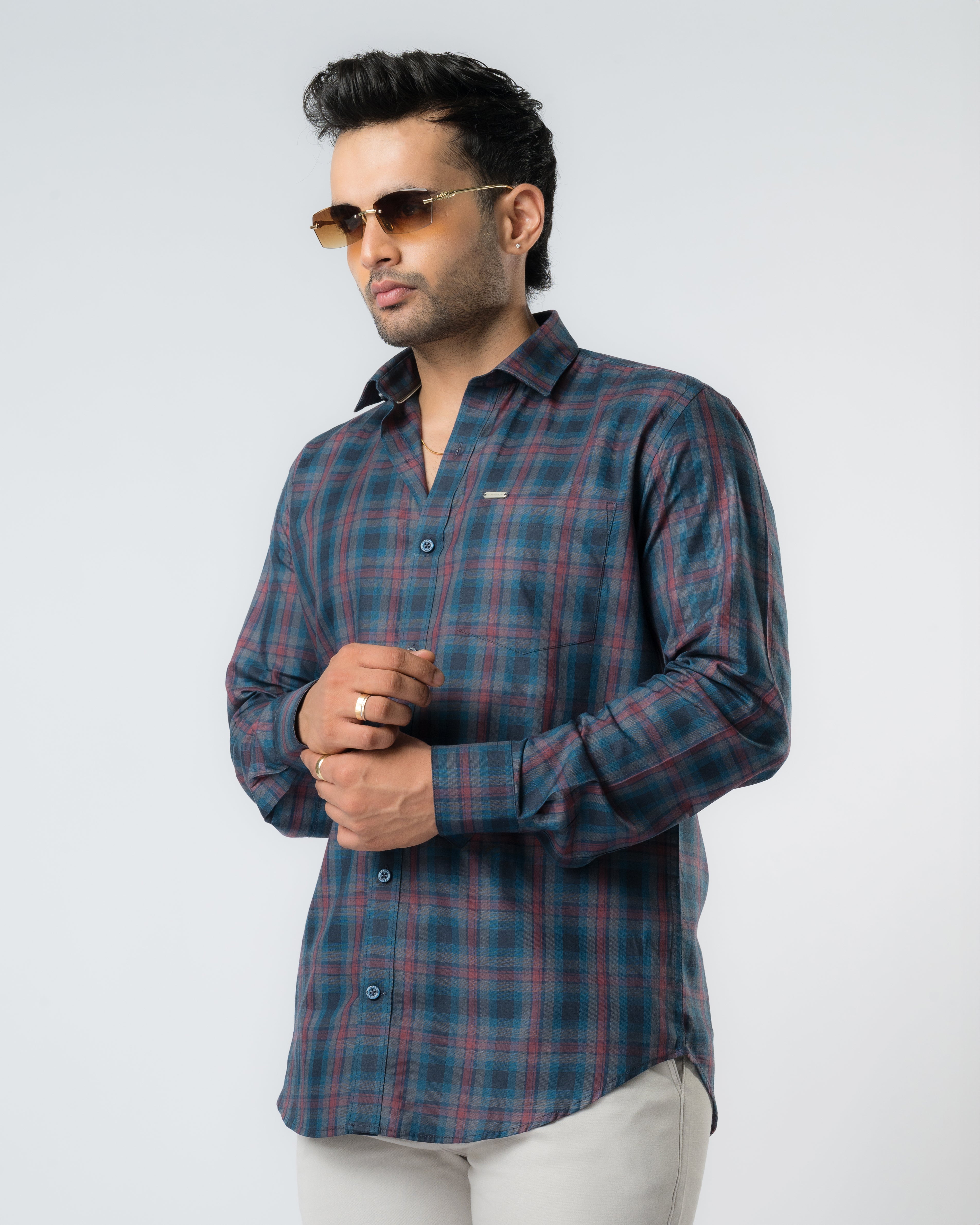 Ruby Navy Tartan Checks Slim Fit Shirt