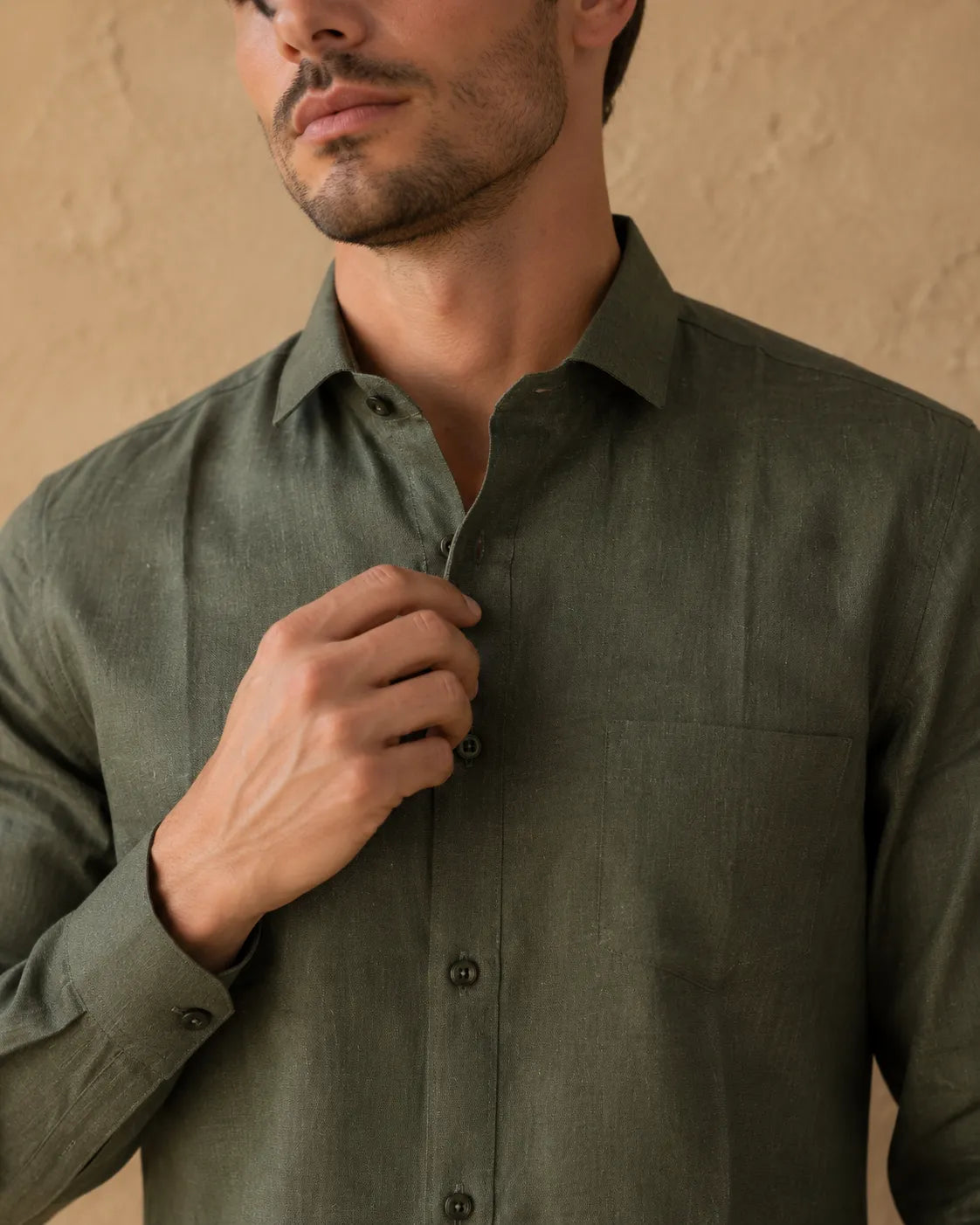 Olive - Men's Linen Solid Slim Fit Shirt