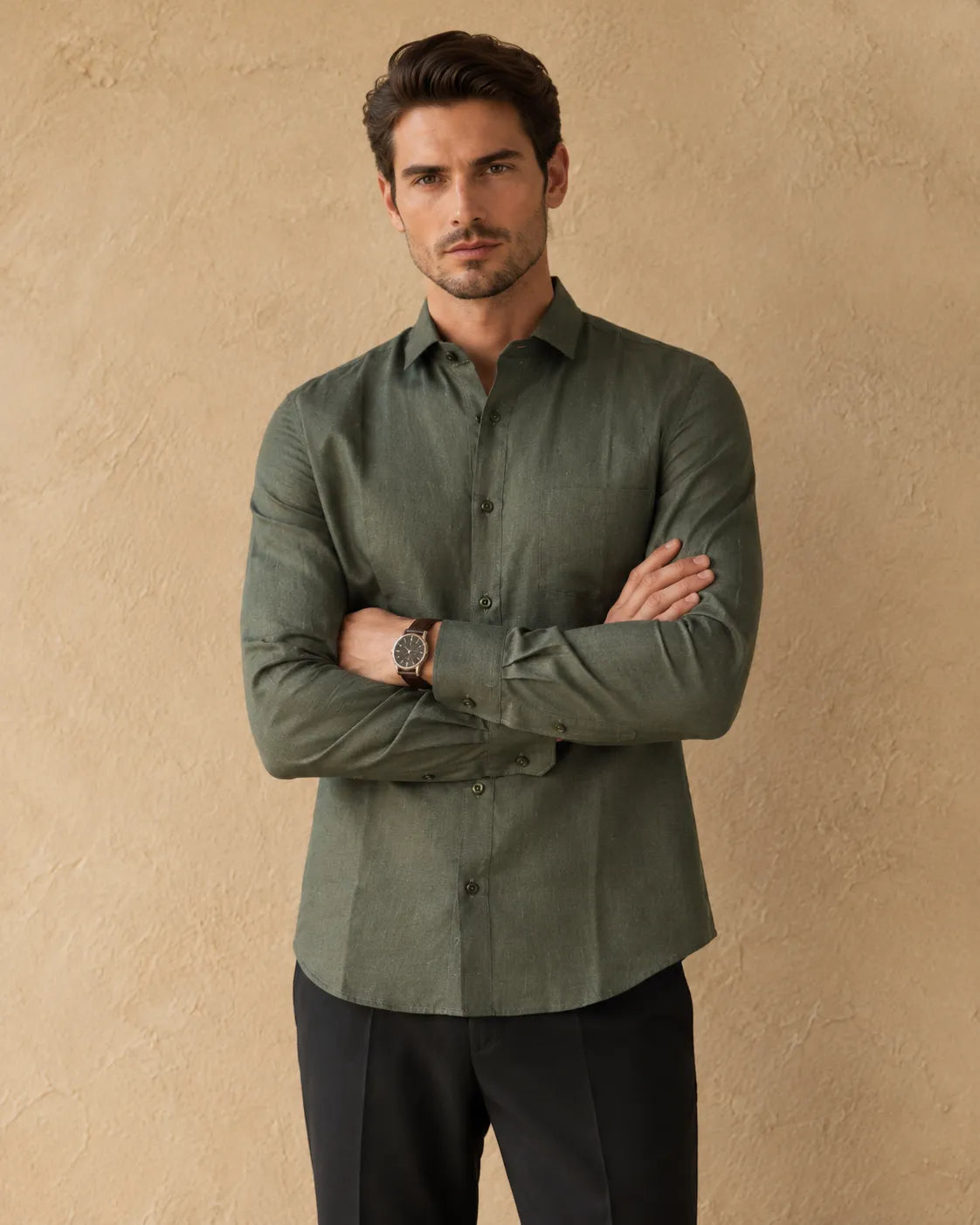 Olive - Men's Linen Solid Slim Fit Shirt