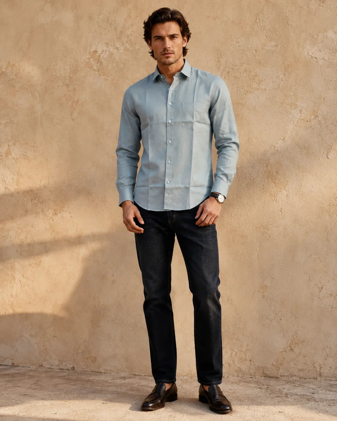 Powder Blue - Men's Linen Solid Slim Fit Shirt