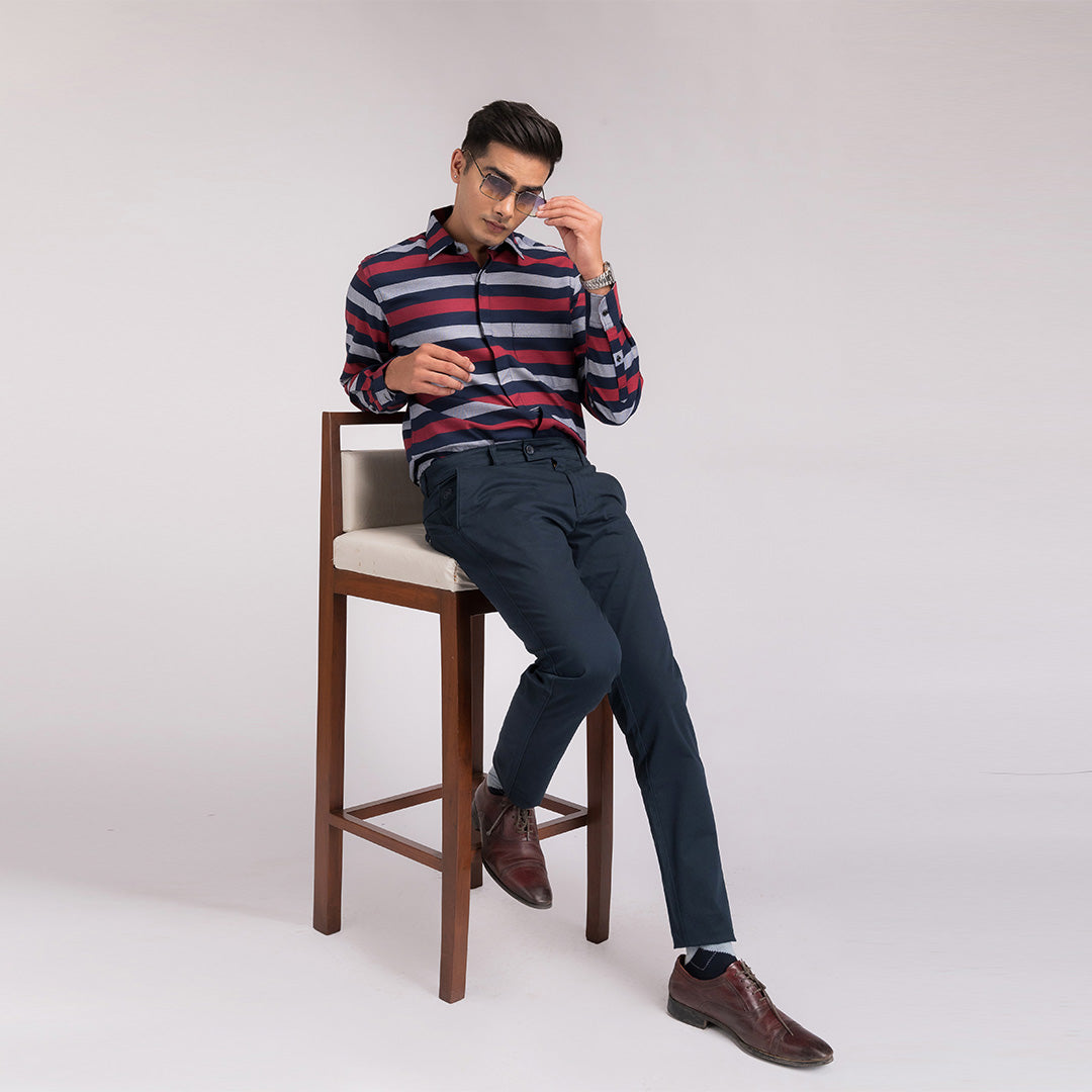 Navy Red Stripes Regular Fit Shirt