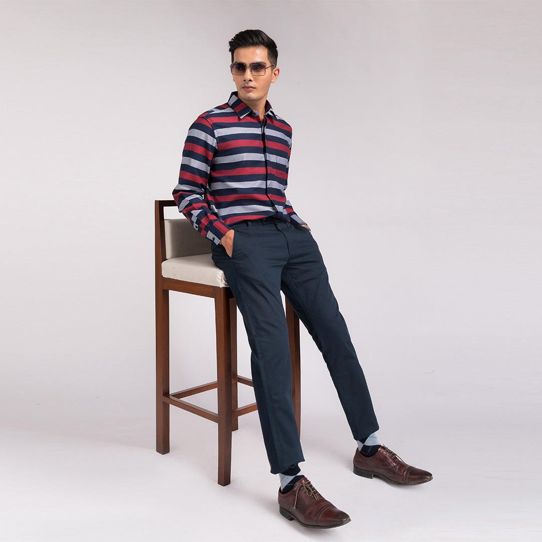 Navy Red Stripes Regular Fit Shirt