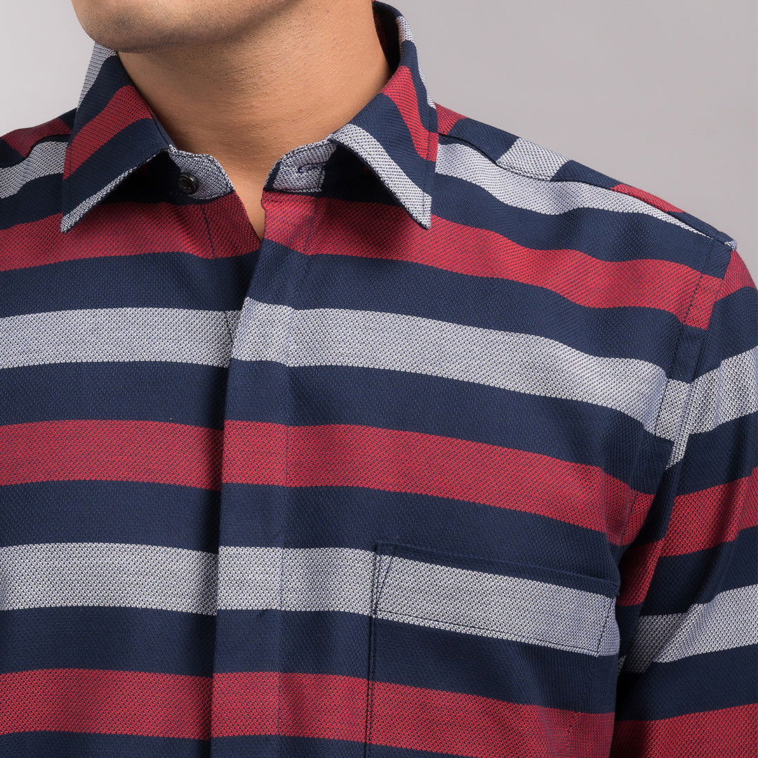 Navy Red Stripes Regular Fit Shirt