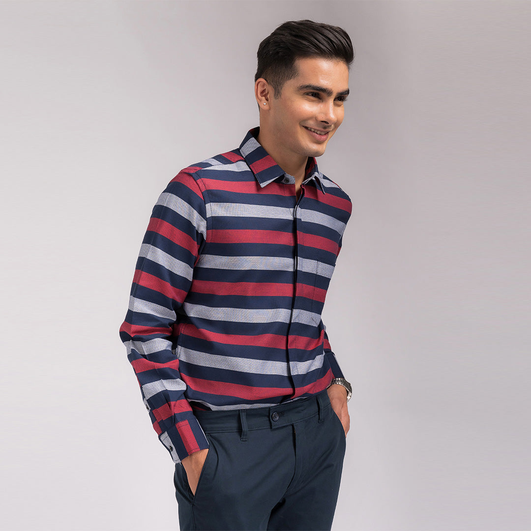 Navy Red Stripes Regular Fit Shirt