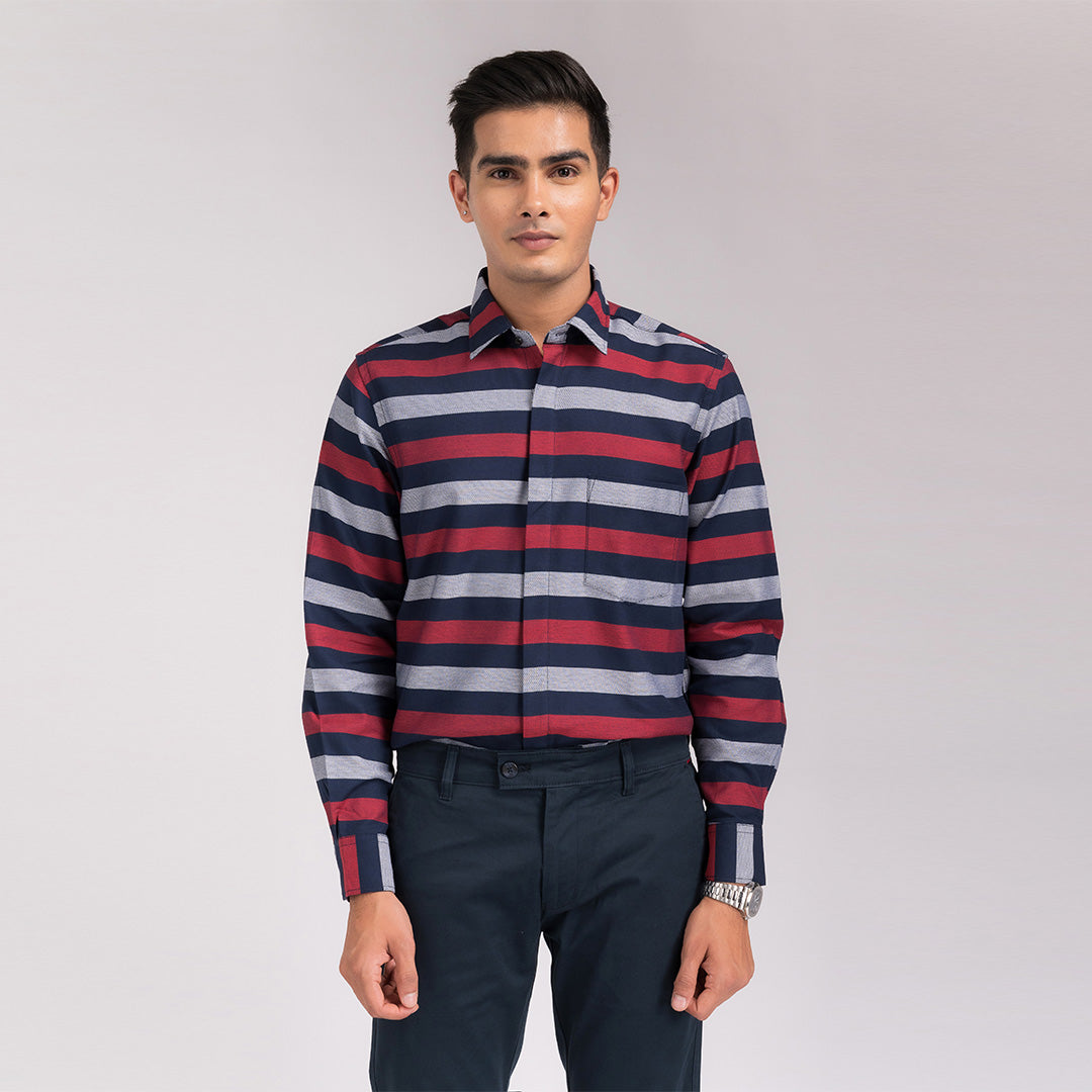 Navy Red Stripes Regular Fit Shirt