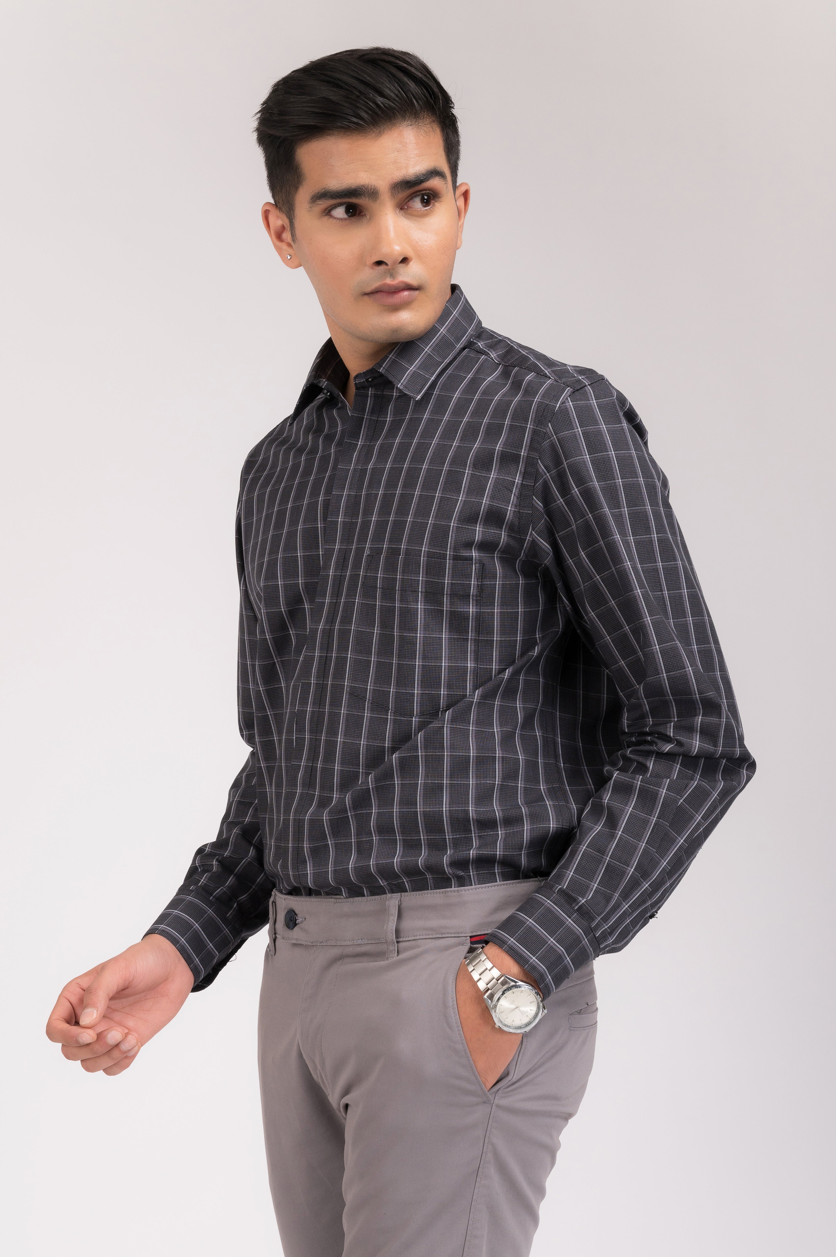 Black White Patterned Checks Regular Fit Shirt