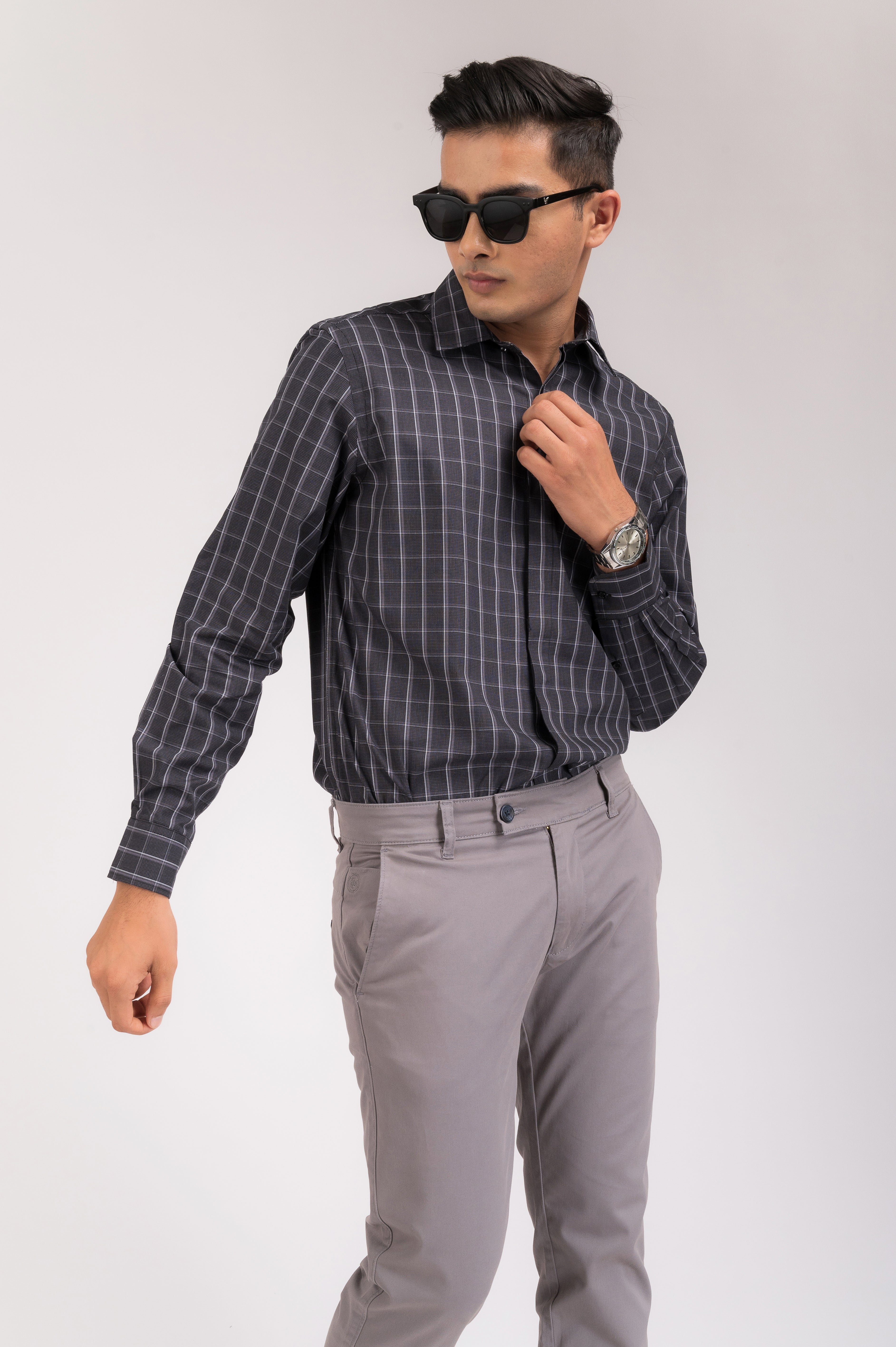 Black White Patterned Checks Regular Fit Shirt