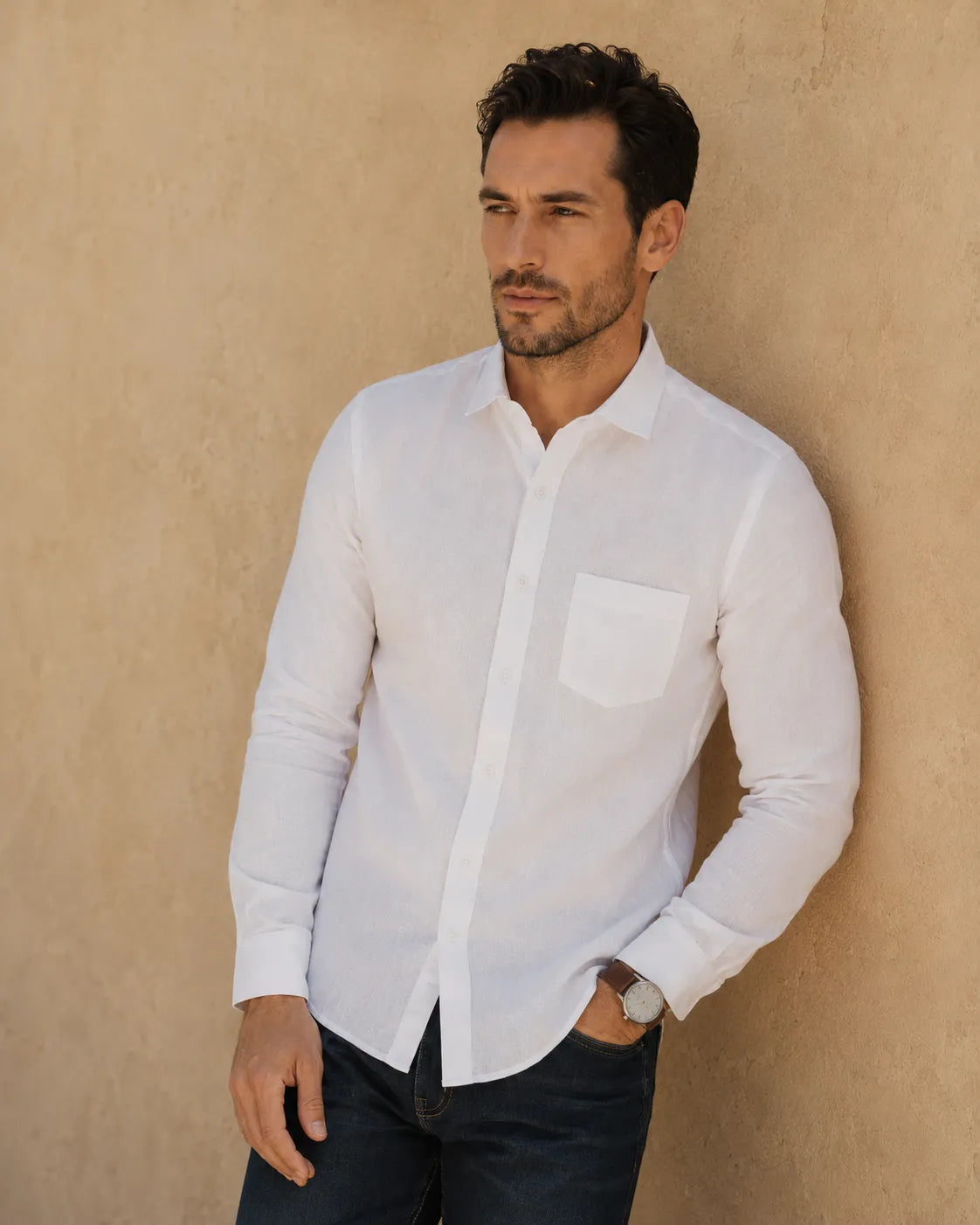 White - Men's Linen Solid Slim Fit Shirt