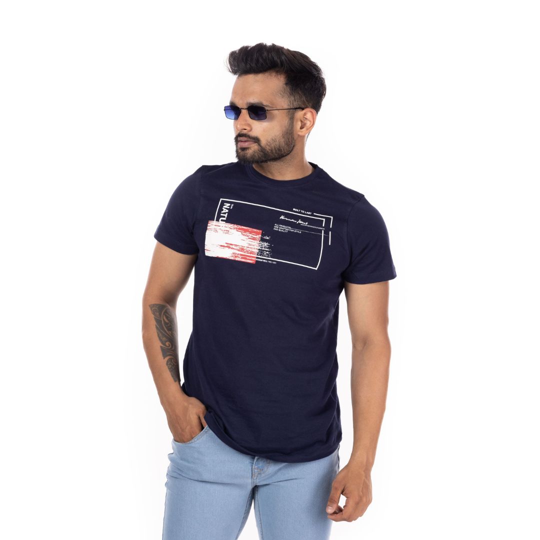 Navy Printed Regular Fit T-Shirt