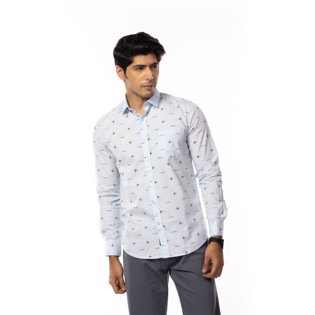 Light Blue Motif Print Slim Fit Shirt