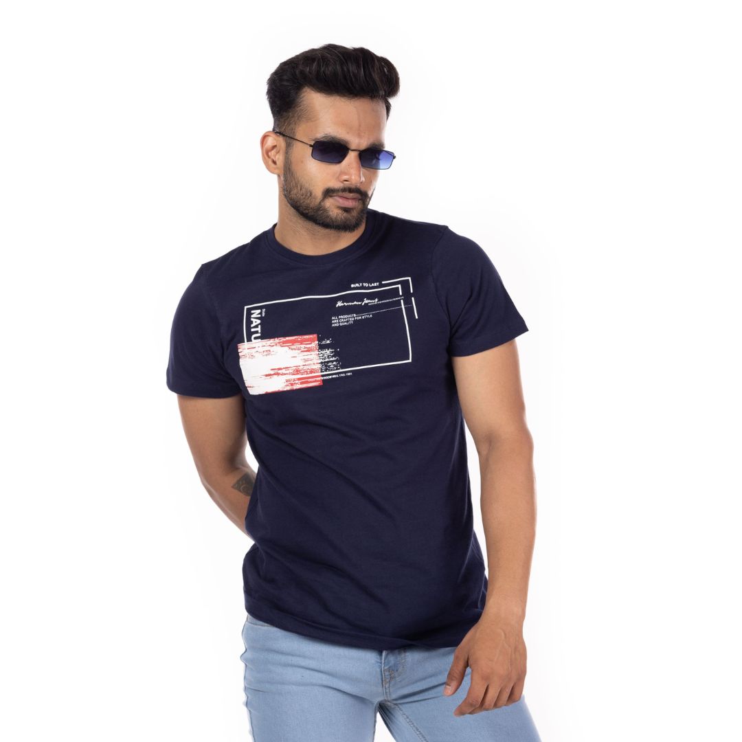 Navy Printed Regular Fit T-Shirt