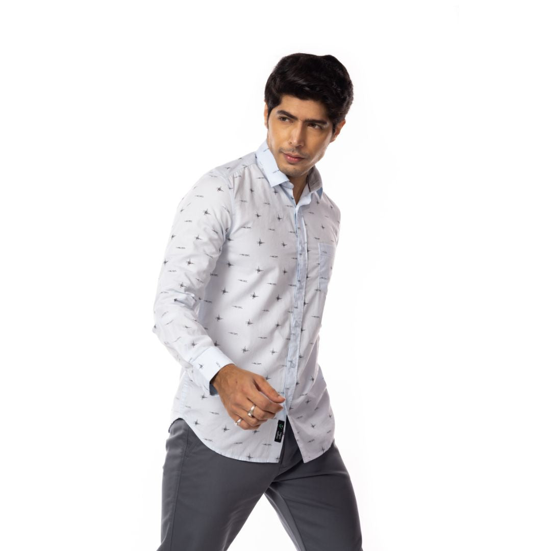 Light Blue Motif Print Slim Fit Shirt