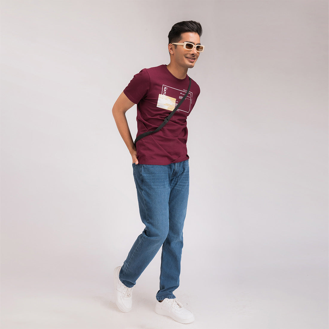 Wine Red Printed Regular Fit T-Shirt