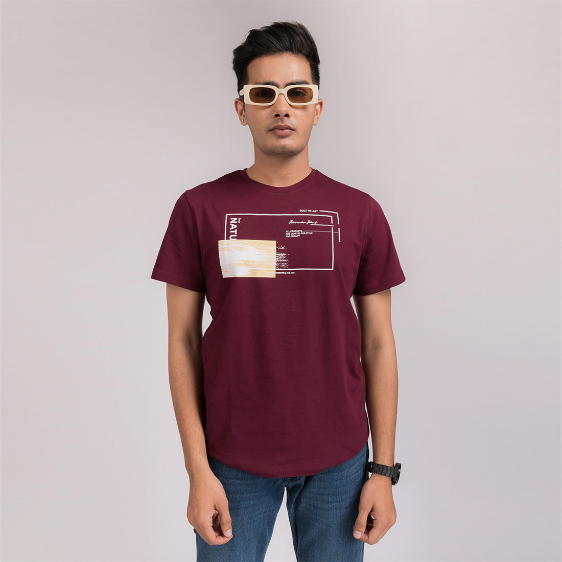 Wine Red Printed Regular Fit T-Shirt