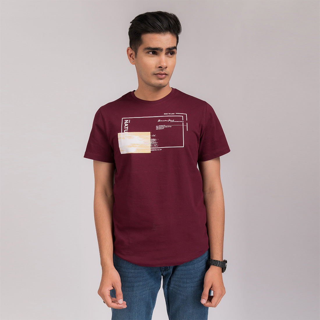 Wine Red Printed Regular Fit T-Shirt