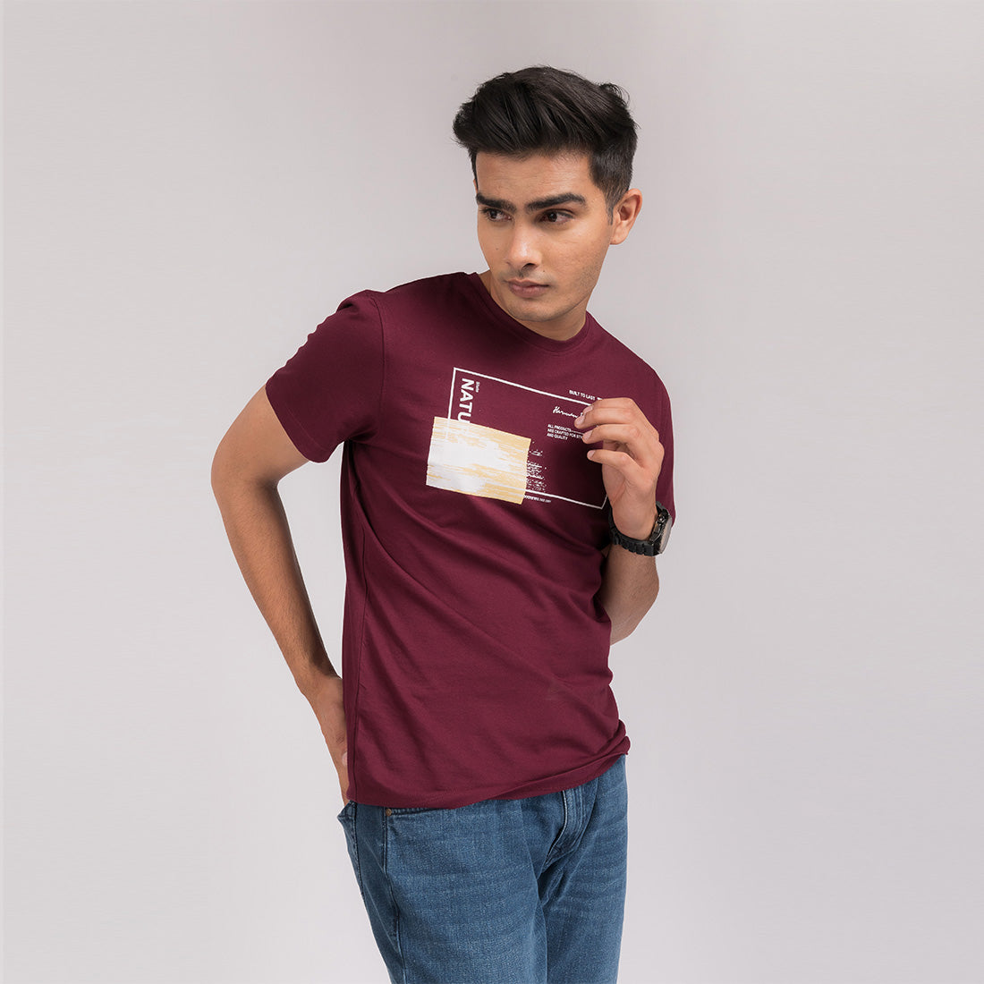 Wine Red Printed Regular Fit T-Shirt