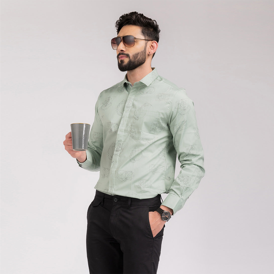 Printed Pista Green Slim Fit Shirt