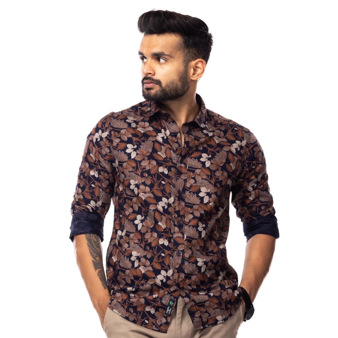 Brown Floral Print Slim Fit Shirt