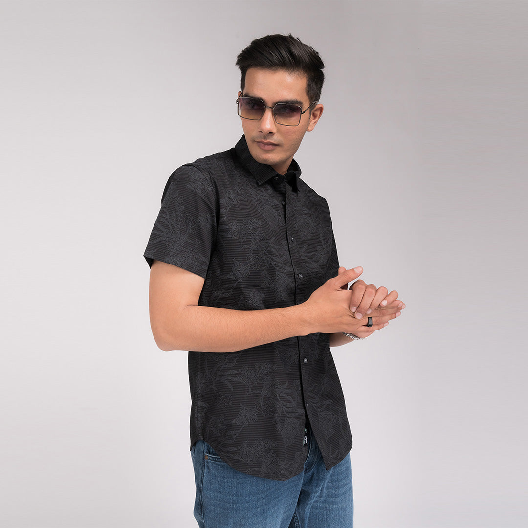 Black Floral Print Slim Fit Shirt