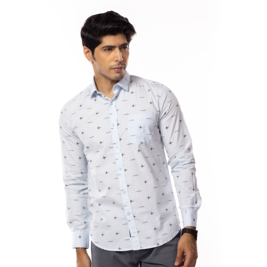 Light Blue Motif Print Slim Fit Shirt