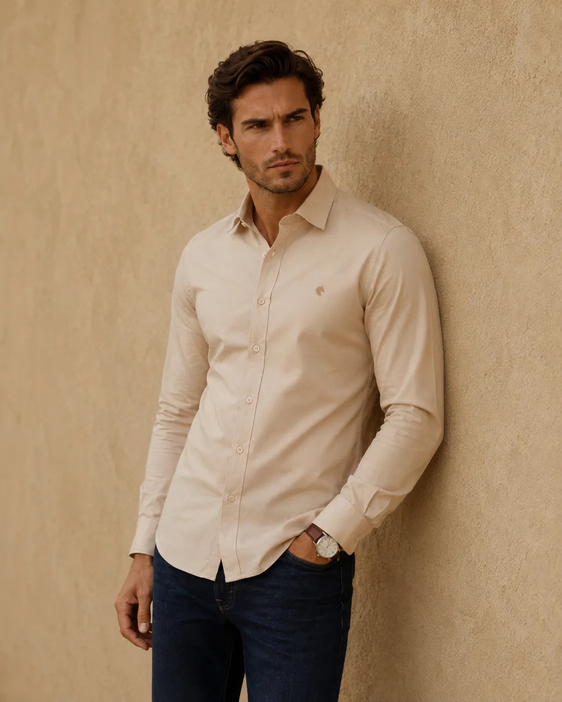 Beige - Solid Slim Fit Oxford Shirt